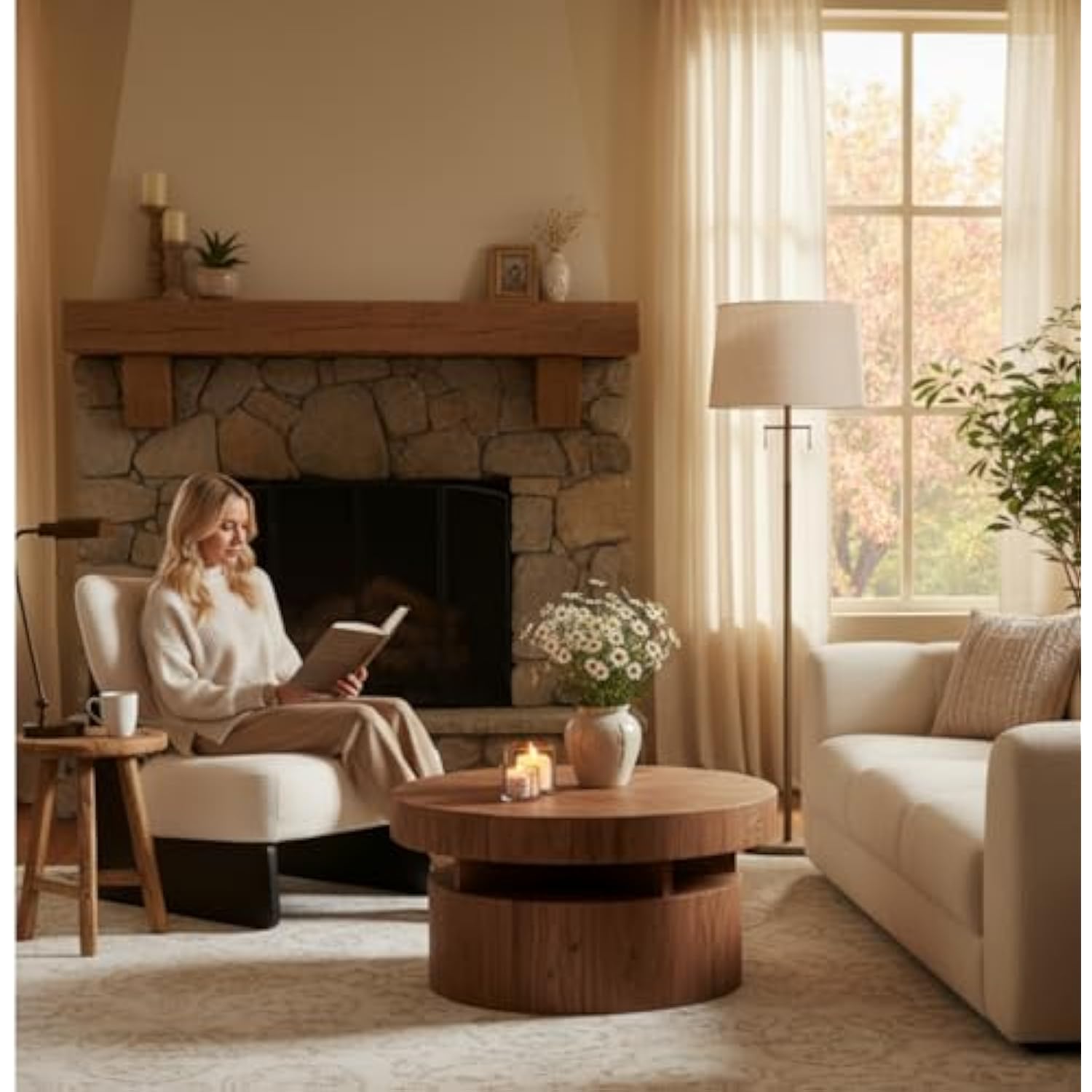 Set of 2 Beige Furry Living Room Chairs for Bedroom