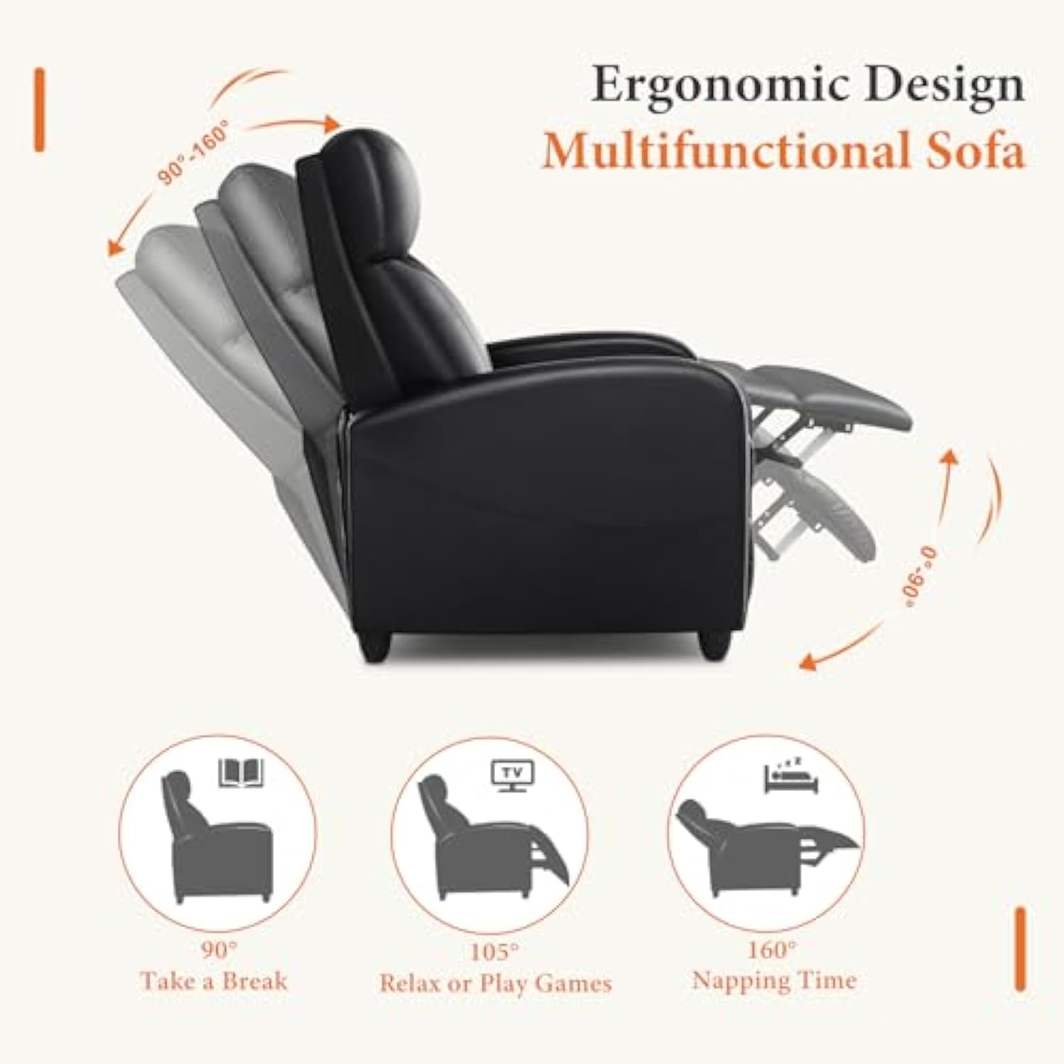 Recliner Chair PU Leather Jet Black Recliner Sofa
