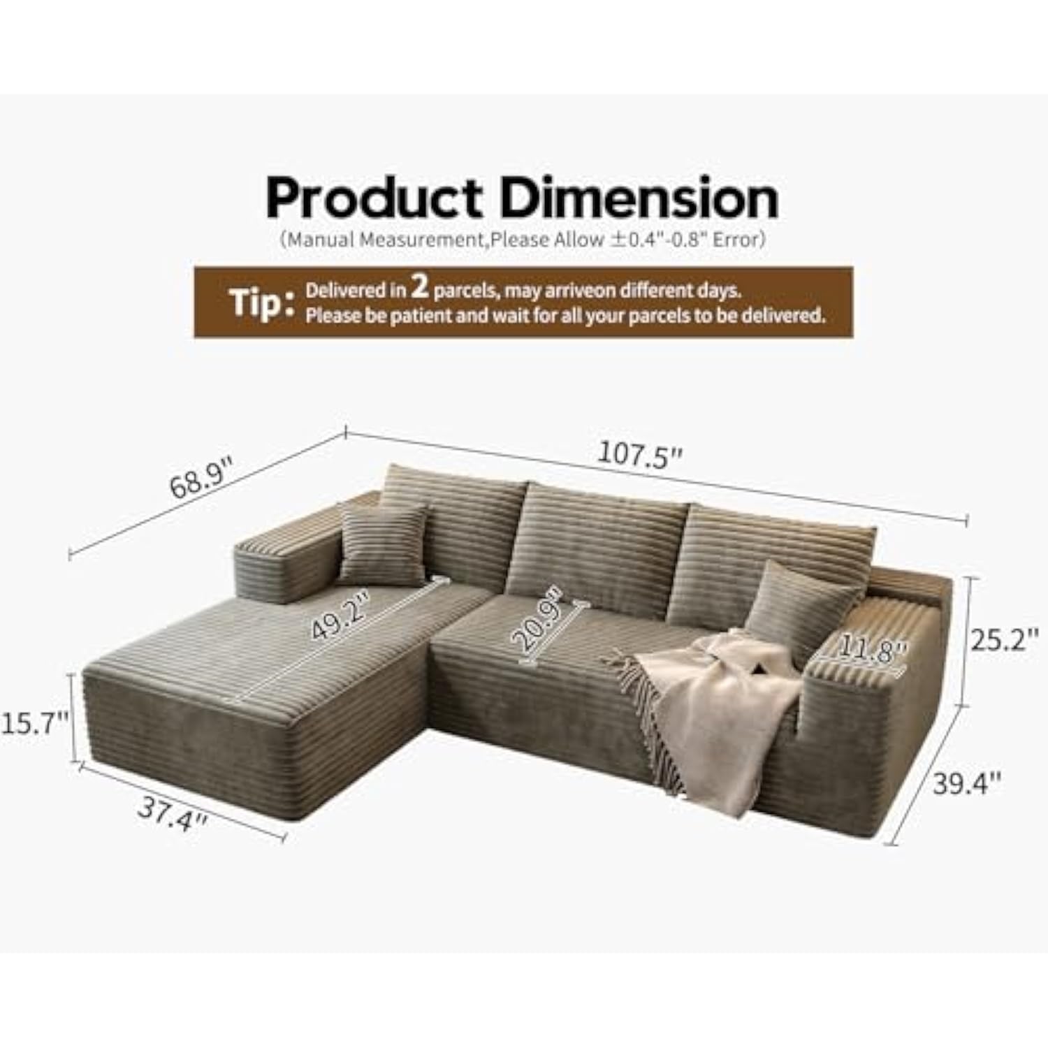 107.5 Inch Cloud Modular Sectional Sofa Couch with L-Shape Chaise