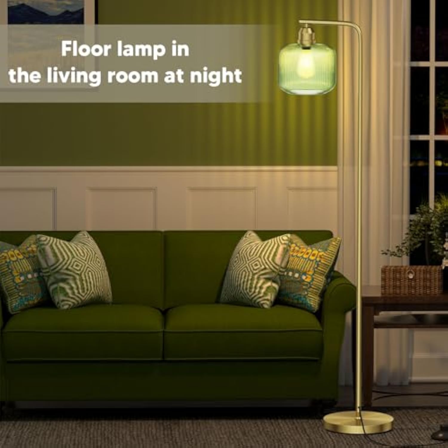 Modern Standing Lamp with Green Ribbed Glass Lampshade and Pedal Switch