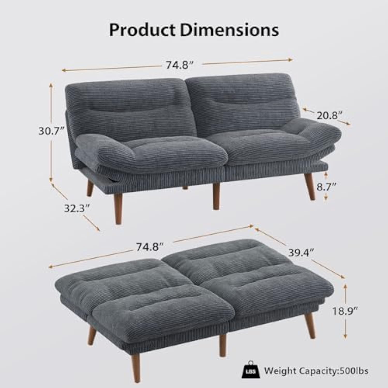 73 Inch Adjustable Backrest & Armrests Convertible Futon Grey Couch