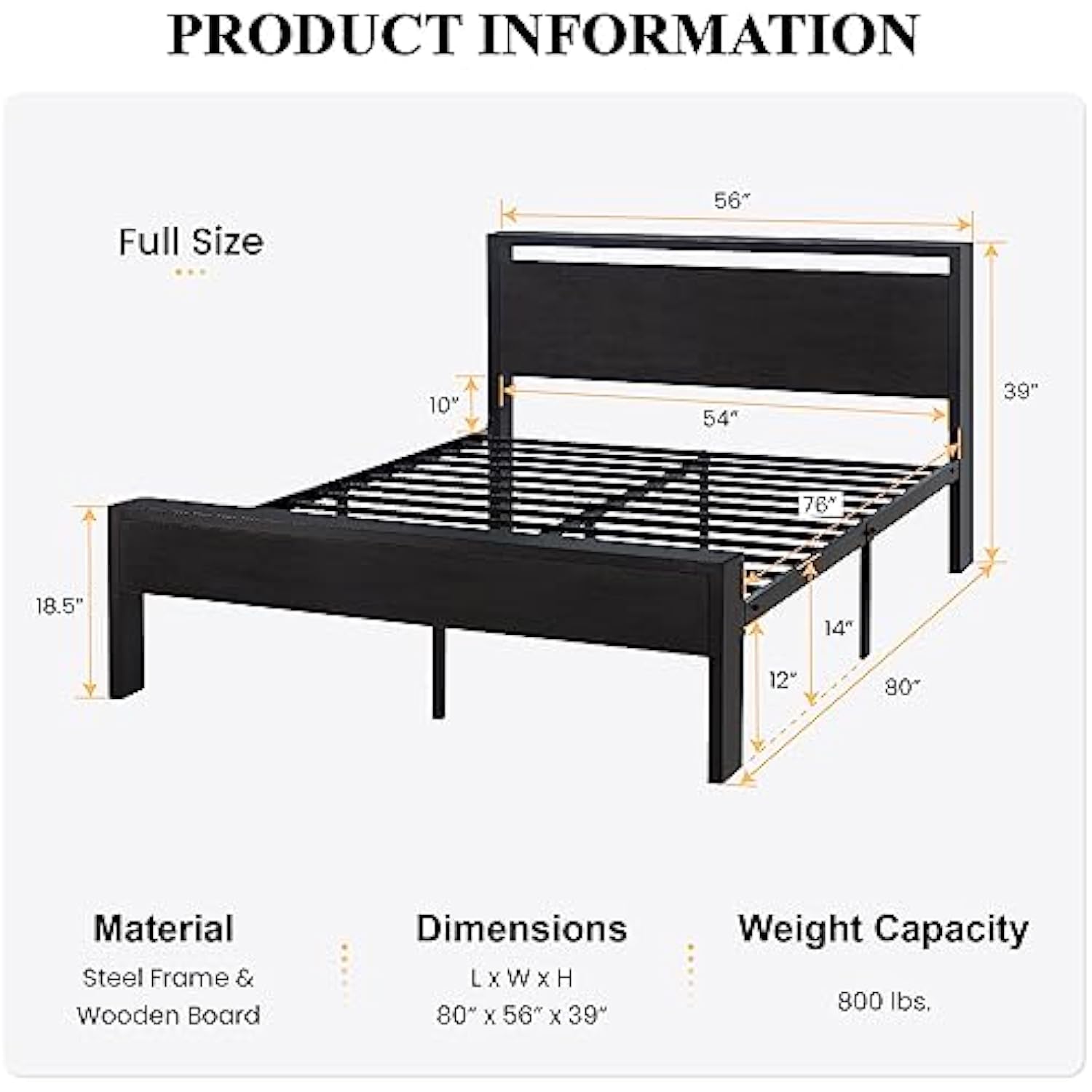 14 Inch Full Size Metal Platform Bed Frame with Wooden Headboard and Footboard