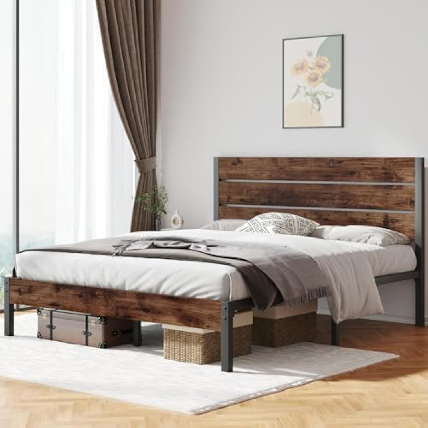 All-Metal Support System Rustic Brown Queen Bed Frame with Headboard and Footboard