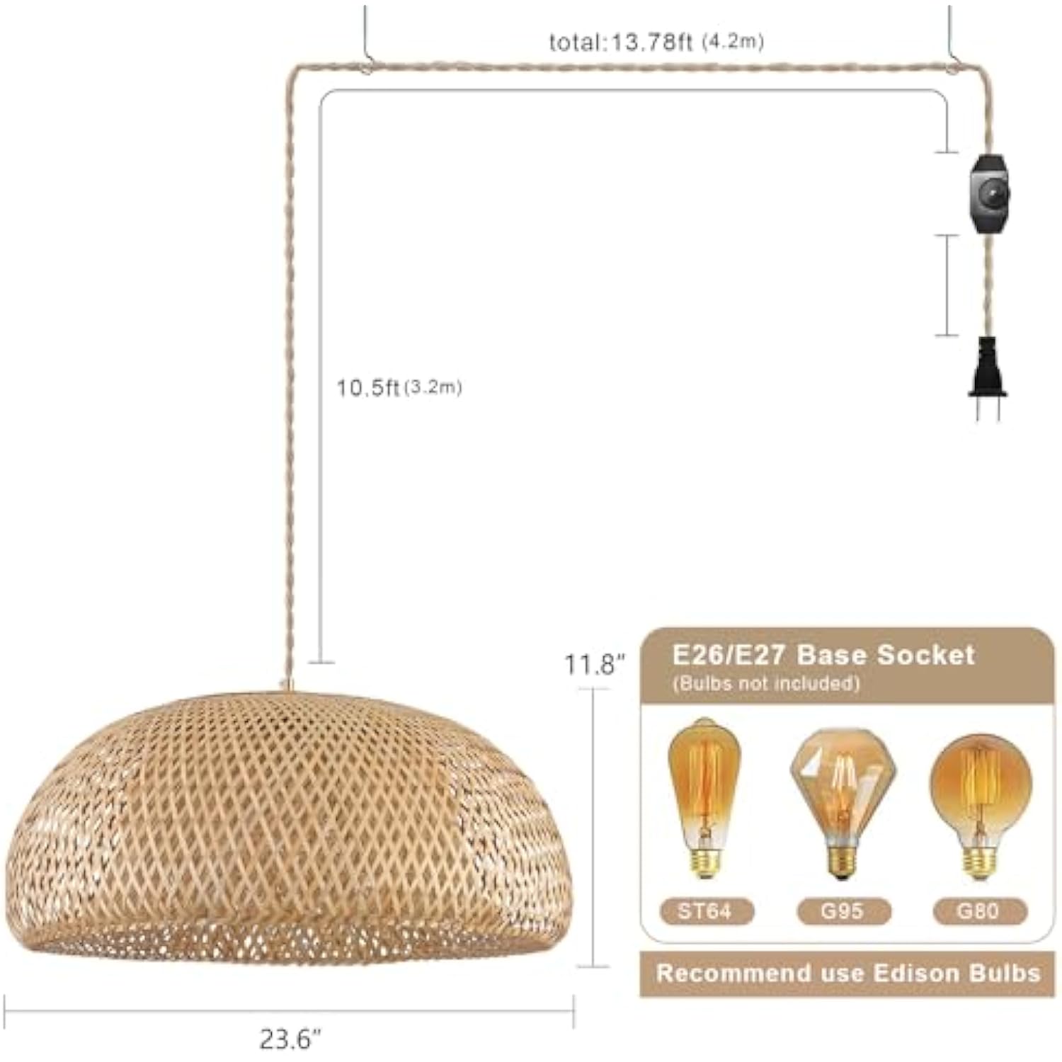 Bamboo Plug in Pendant Light with 14ft Handmade Woven Light Cord