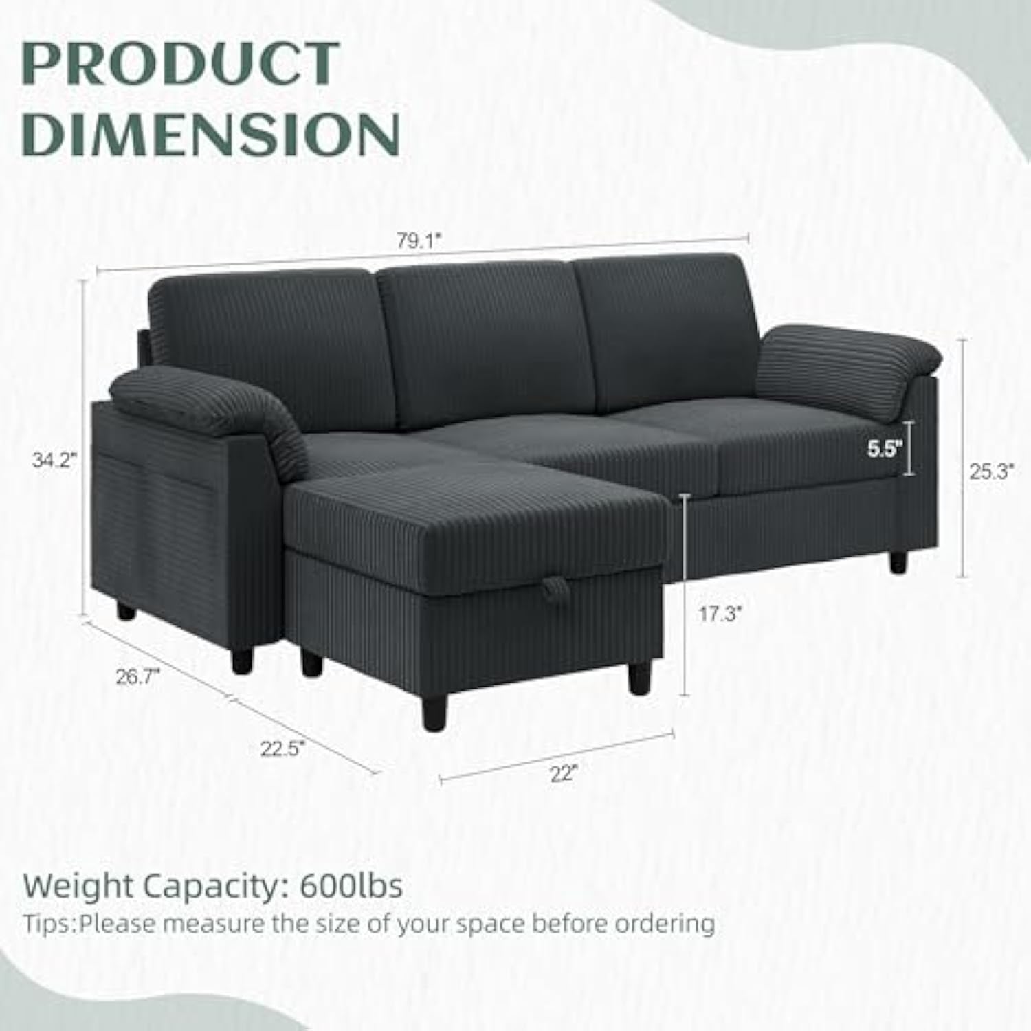 3 Seat L Shaped Convertible Sectional Sofa with Removable Pillows