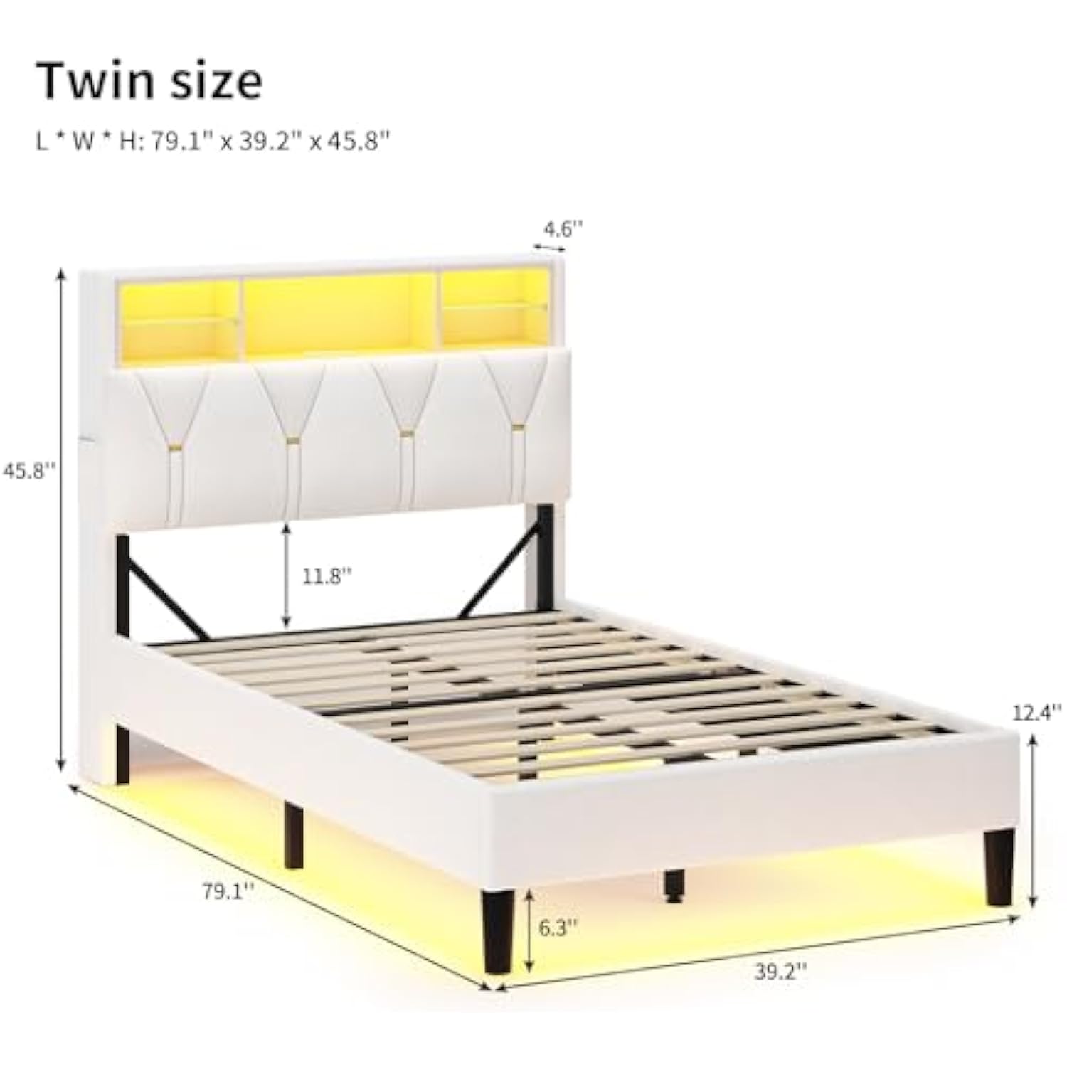 Twin Bed Creamy White LED Bed Frame with Storage Headboard