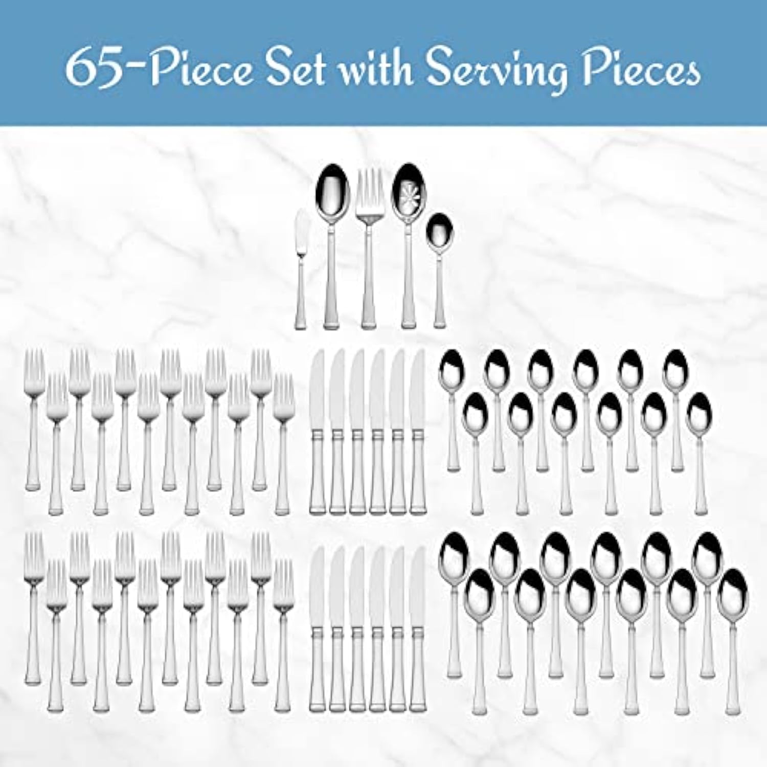 65-Piece Flatware Set for 12, 18/10 Stainless Steel Silverware with Forks, Knives, Spoons, and Serving Utensils