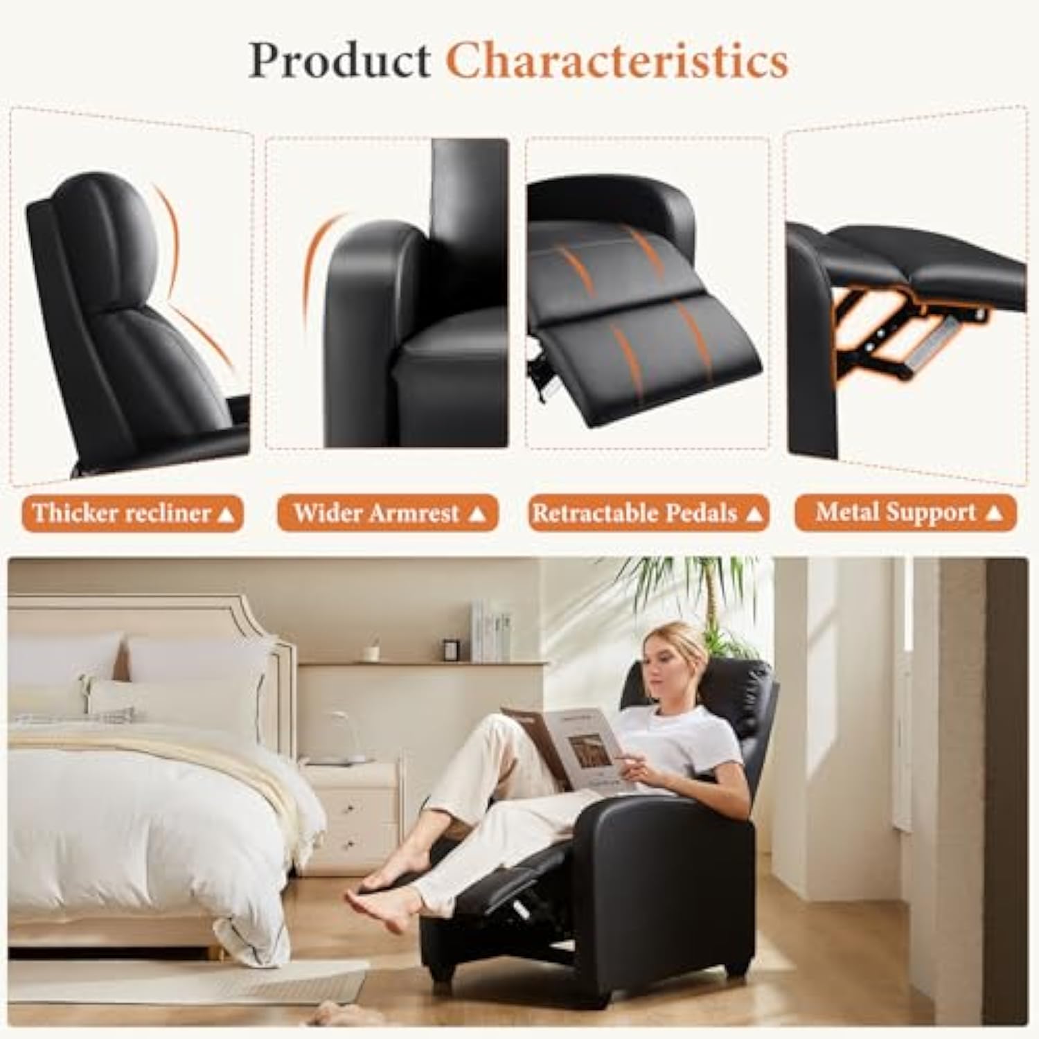 Recliner Chair PU Leather Jet Black Recliner Sofa