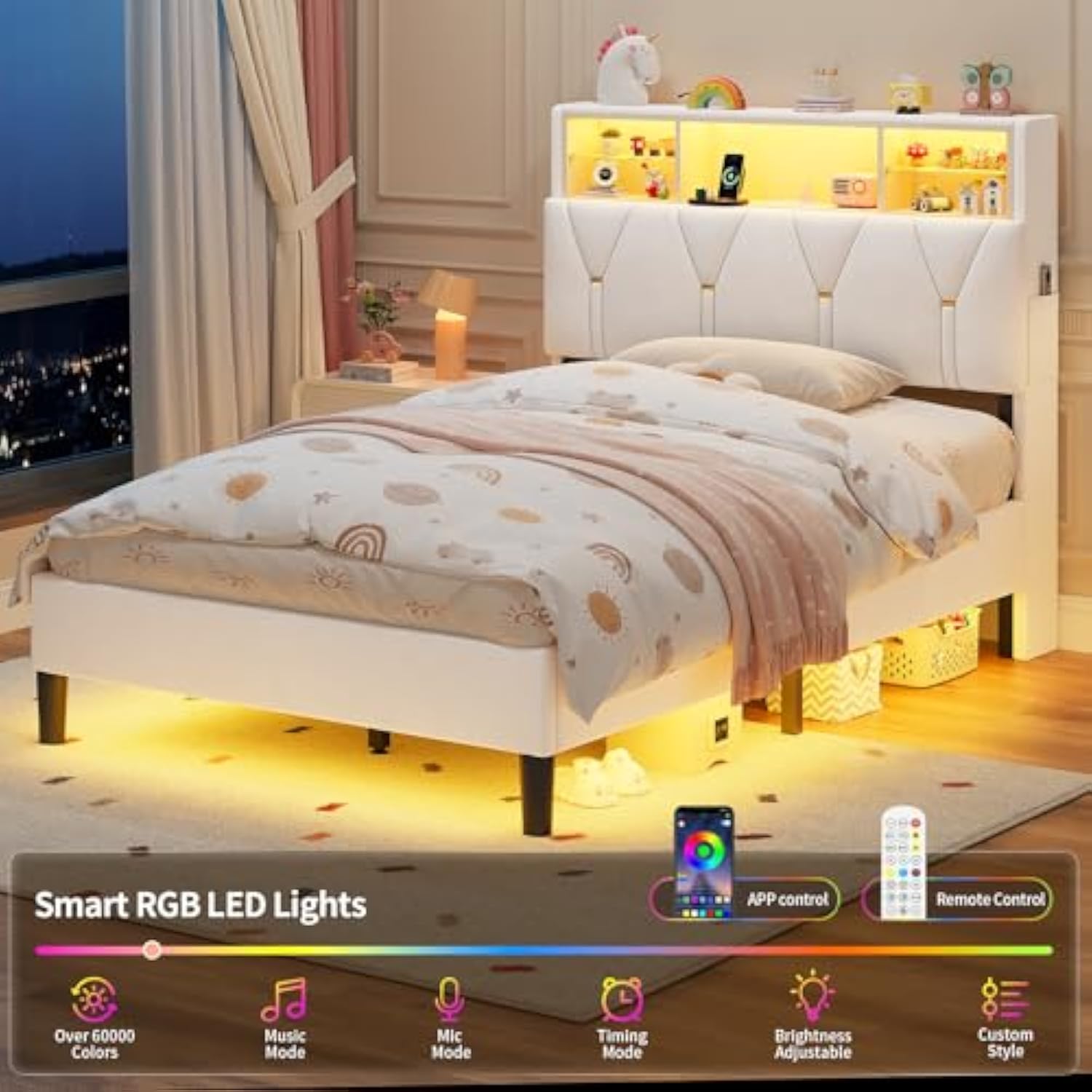 Twin Bed Creamy White LED Bed Frame with Storage Headboard