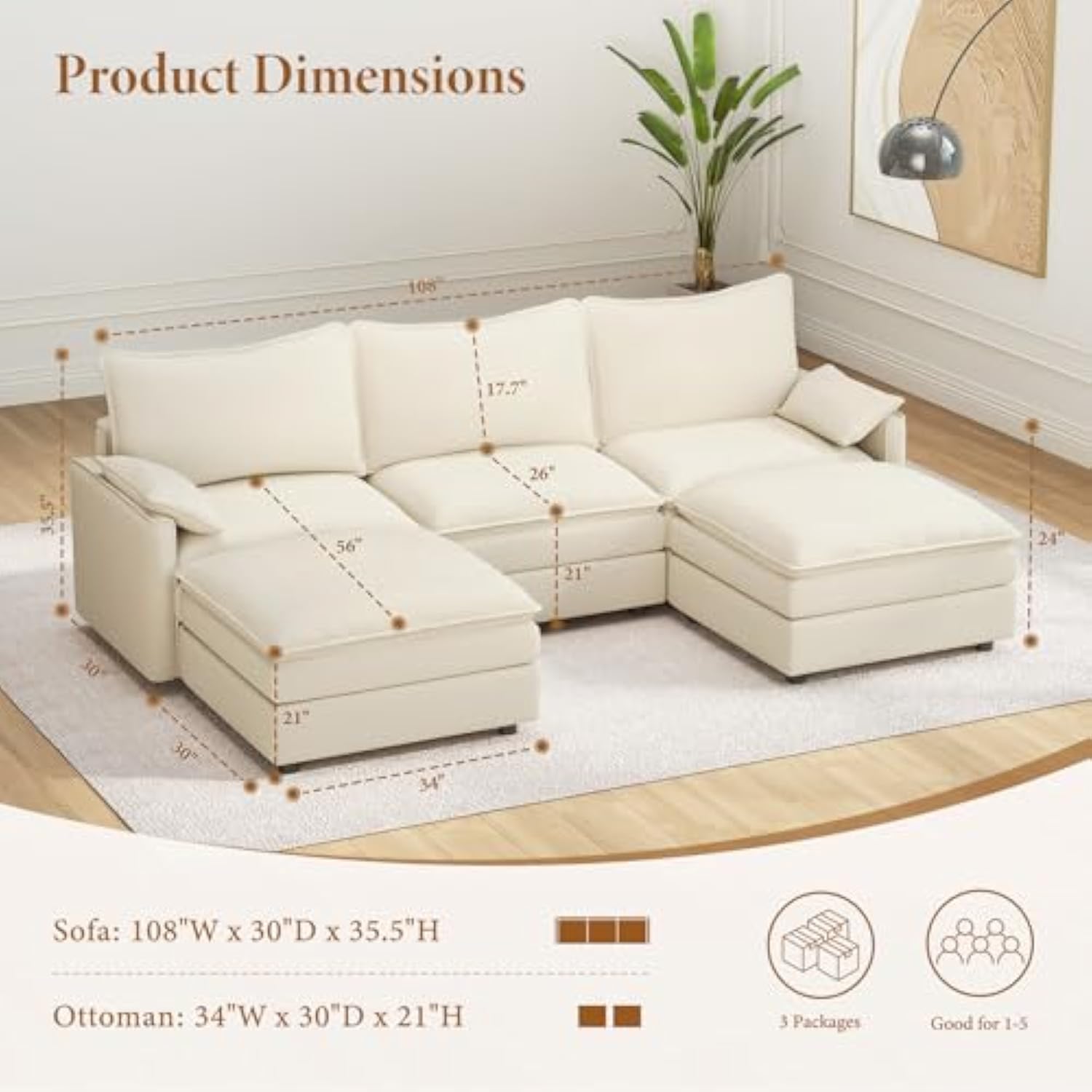 Comfy Cloud Modular Sectional Sofa with 2 Ottoman Deep Seat