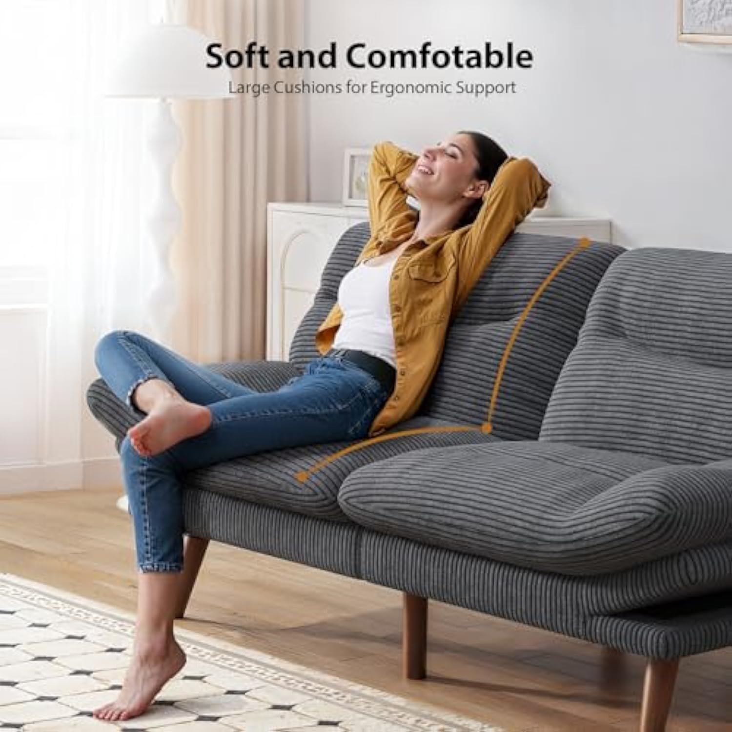73 Inch Adjustable Backrest & Armrests Convertible Futon Grey Couch