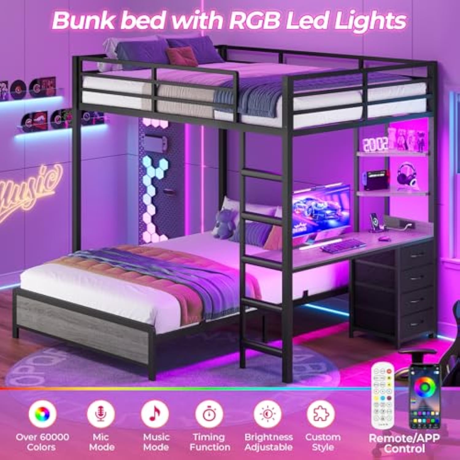 Full Over Full Bunk Beds with Charging Station & Led Lights