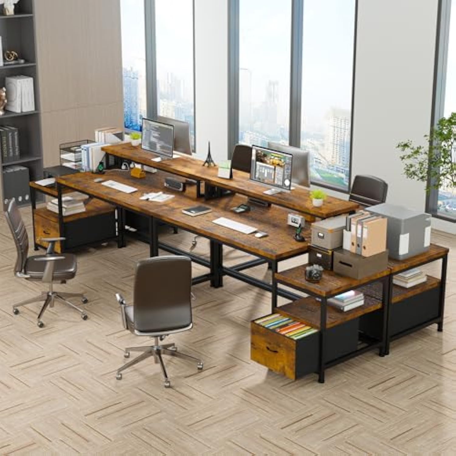 57 Inch Office Desk with Drawers and Printer Space