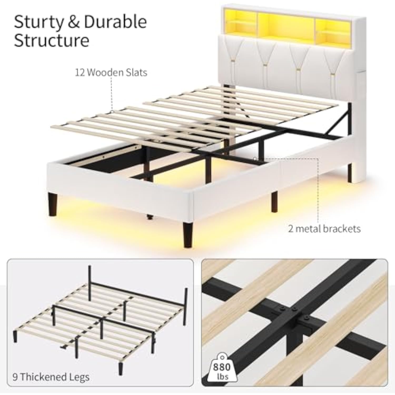 Twin Bed Creamy White LED Bed Frame with Storage Headboard