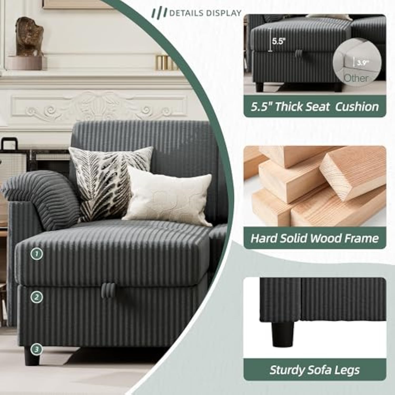 3 Seat L Shaped Convertible Sectional Sofa with Removable Pillows