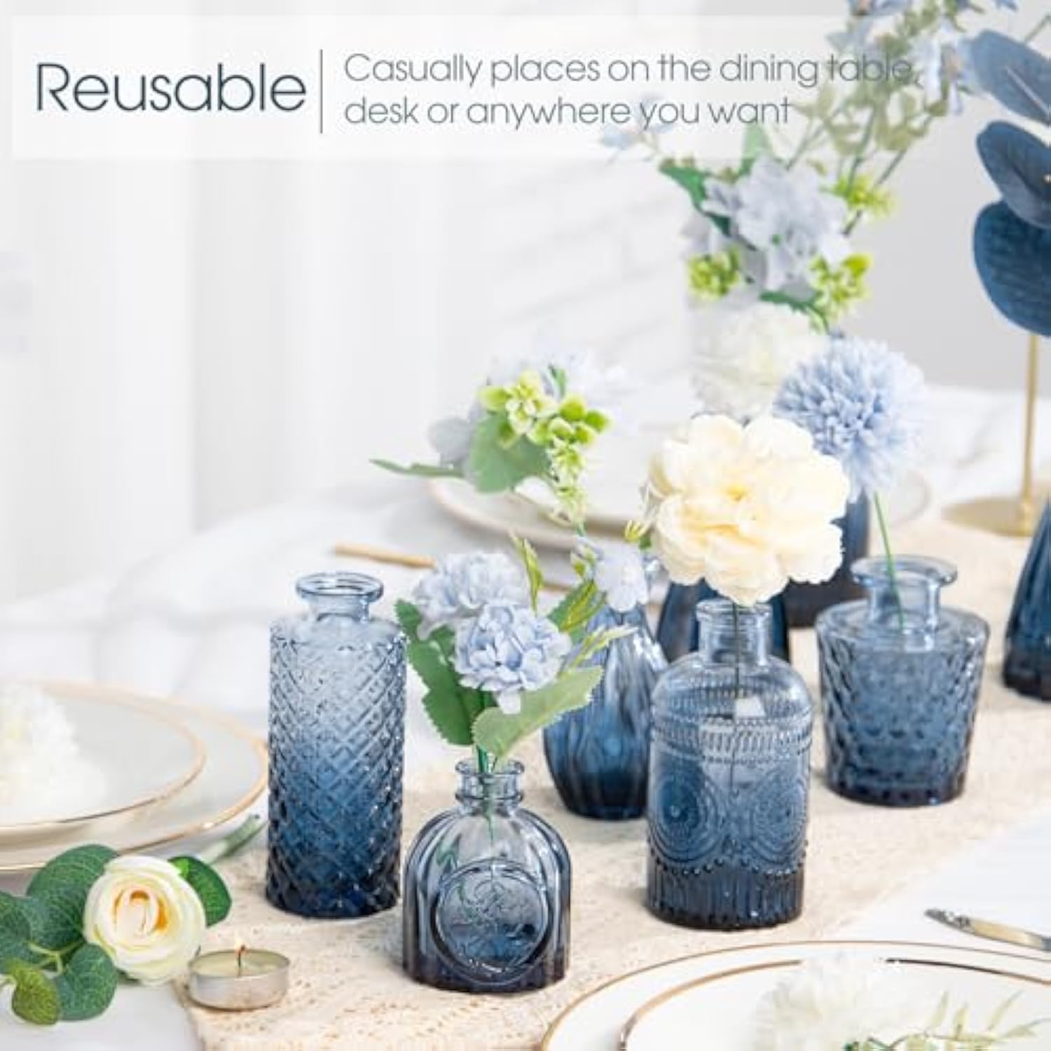 12Pcs Blue Glass Bud Vases Set for Centerpieces at Parties