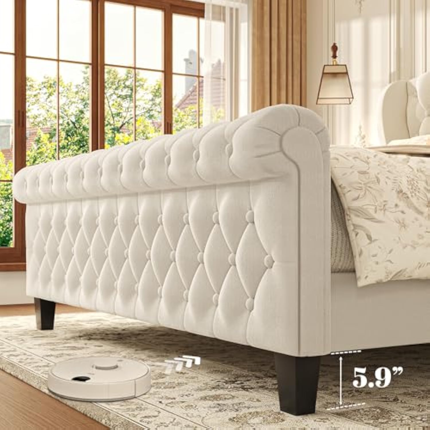 42 Inch Tall Velvet Upholstered Sleigh Bed with Wingback Headboard & Scroll Footboard