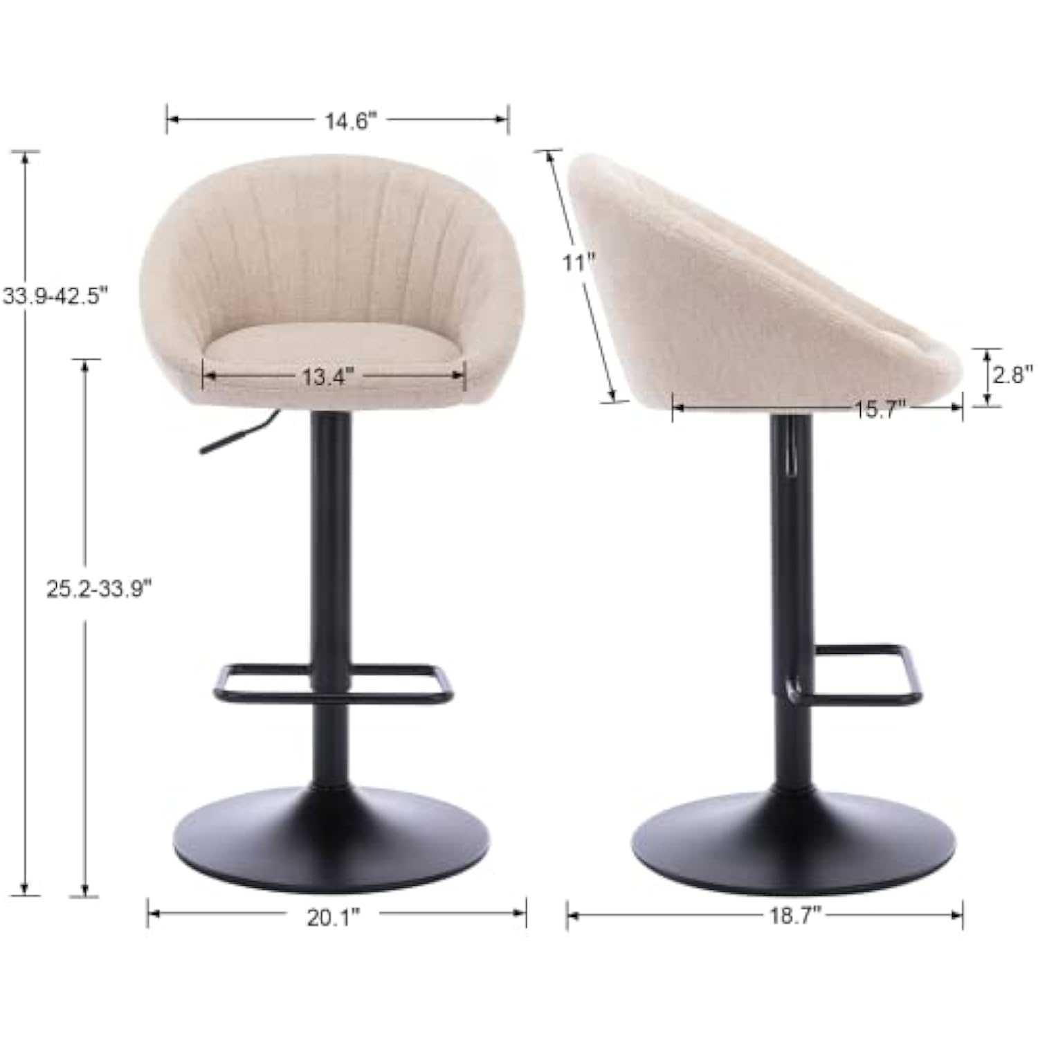 Set of 2 Modern Counter Height Barstools with Low Back Comfy Upholstered