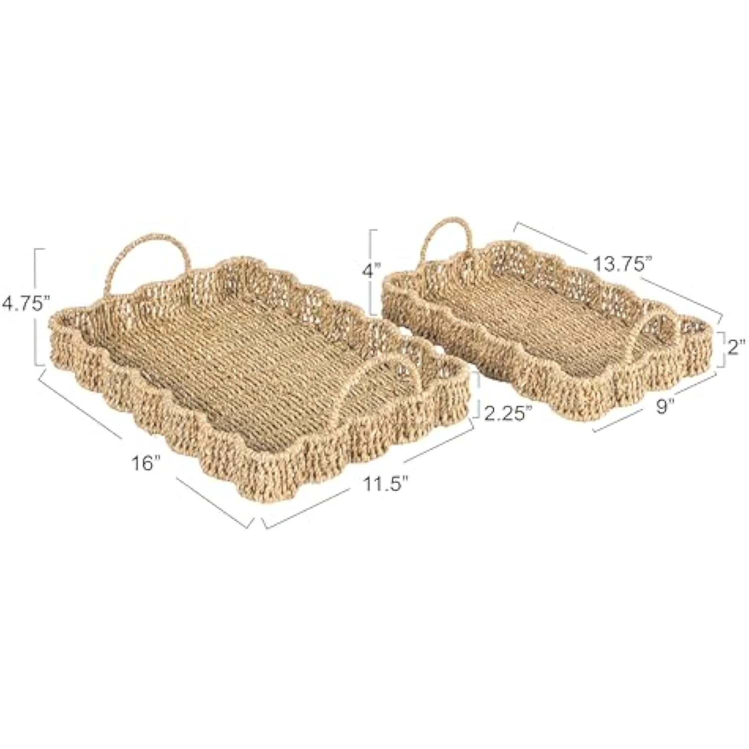 Set of 2 Woven Seagrass Scalloped Rectangular Trays