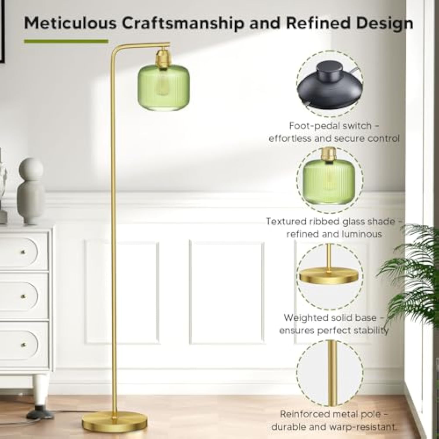 Modern Standing Lamp with Green Ribbed Glass Lampshade and Pedal Switch