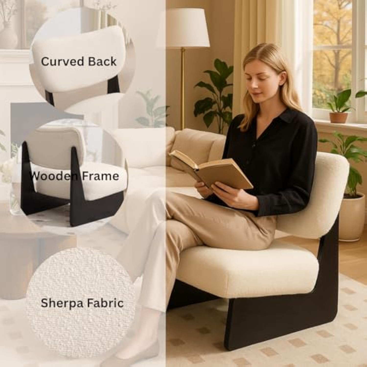 Set of 2 Beige Furry Living Room Chairs for Bedroom