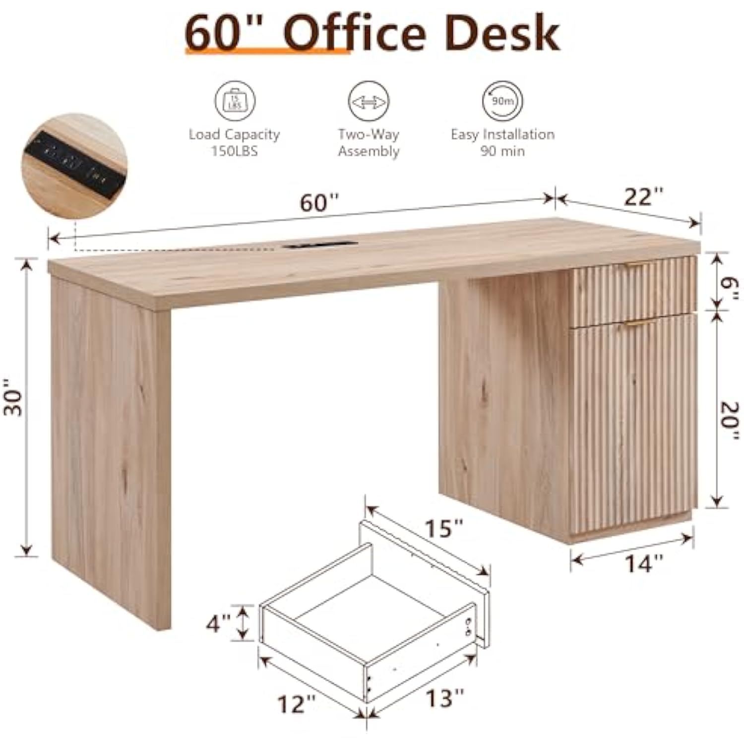 60 Inch Modern Executive Home Office Desk with Storage