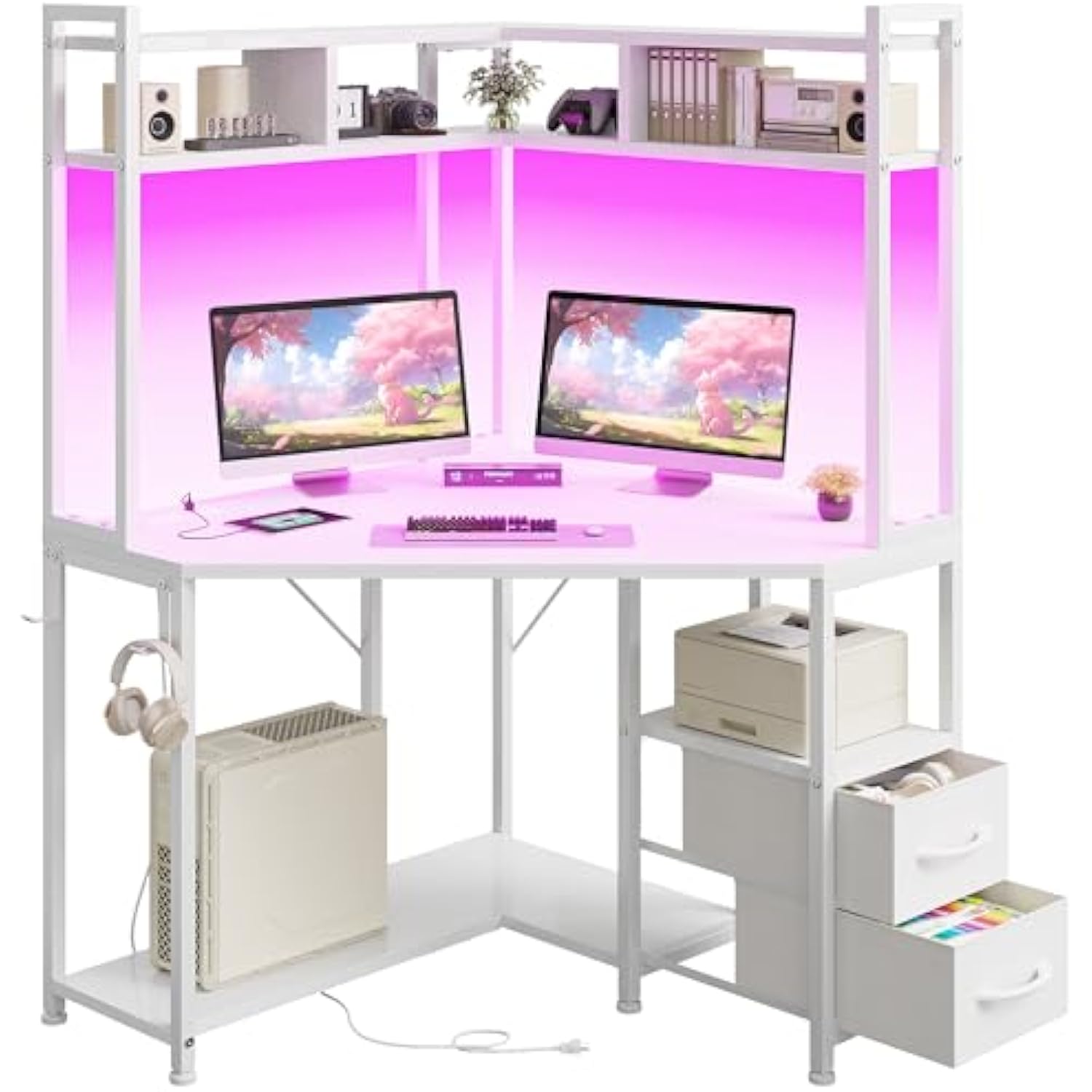 35.4 Inch W x 63 Inch H Small Computer Desk and Office Desk with Hutch & LED Lights