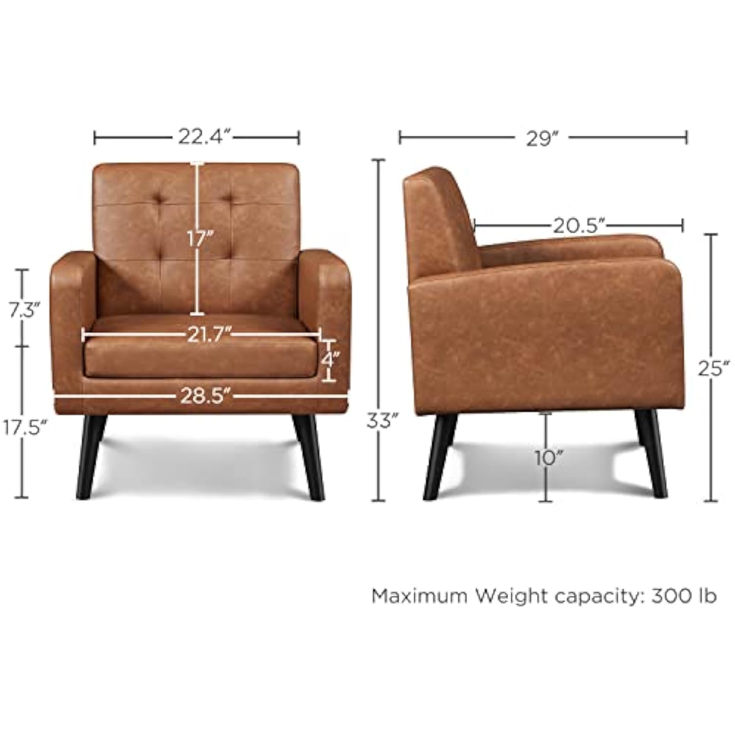 2 Pcs PU Leather Mid-Century Retro Brown Accent Chairs
