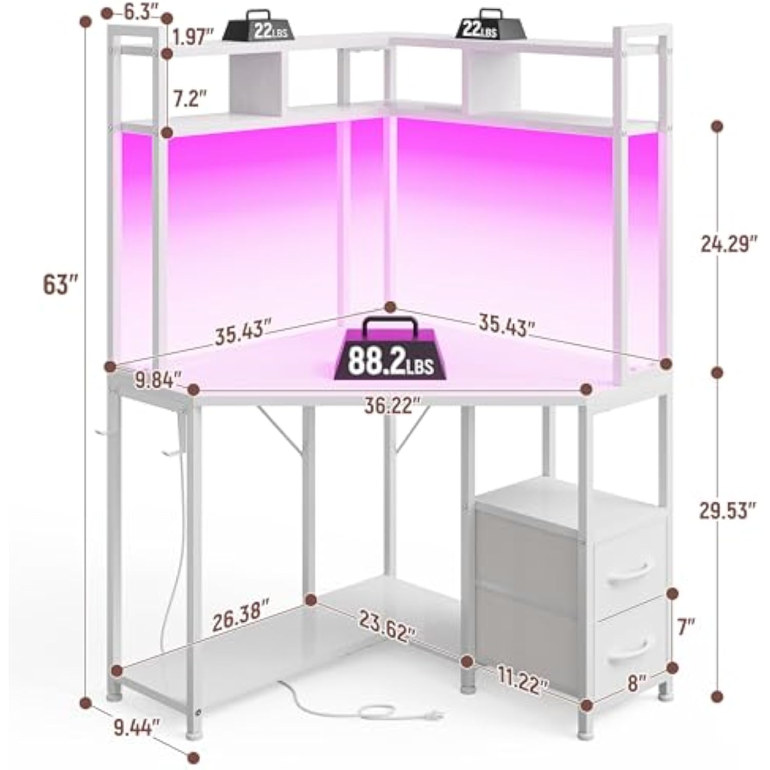 35.4 Inch W x 63 Inch H Small Computer Desk and Office Desk with Hutch & LED Lights