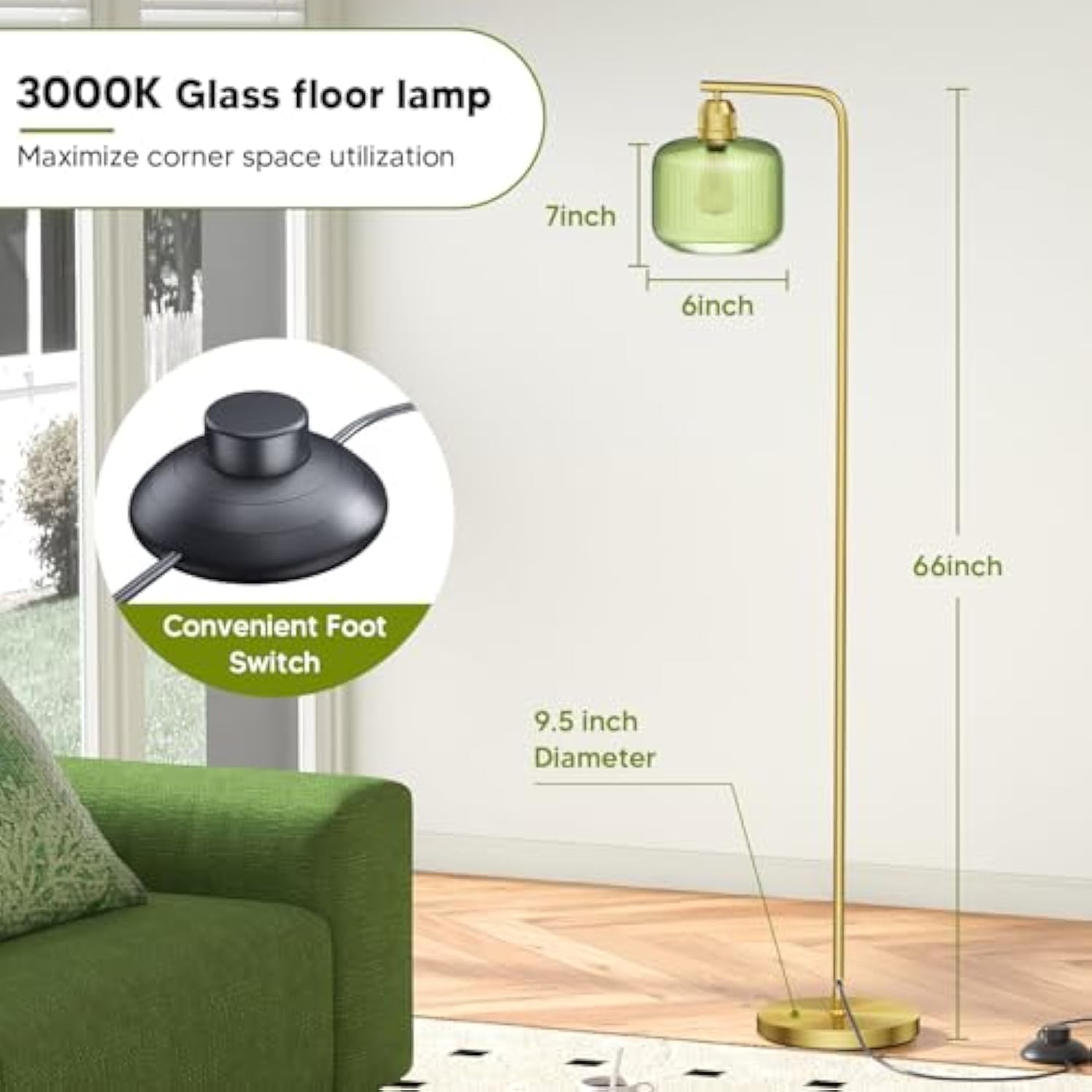 Modern Standing Lamp with Green Ribbed Glass Lampshade and Pedal Switch