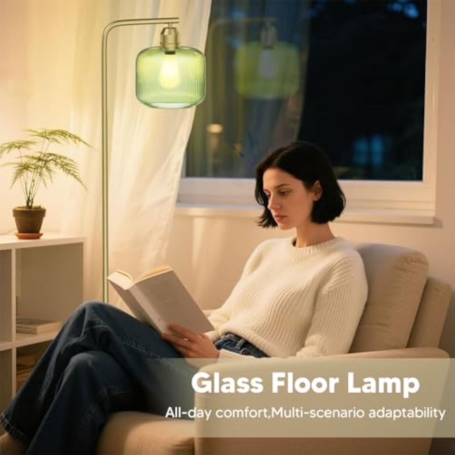 Modern Standing Lamp with Green Ribbed Glass Lampshade and Pedal Switch