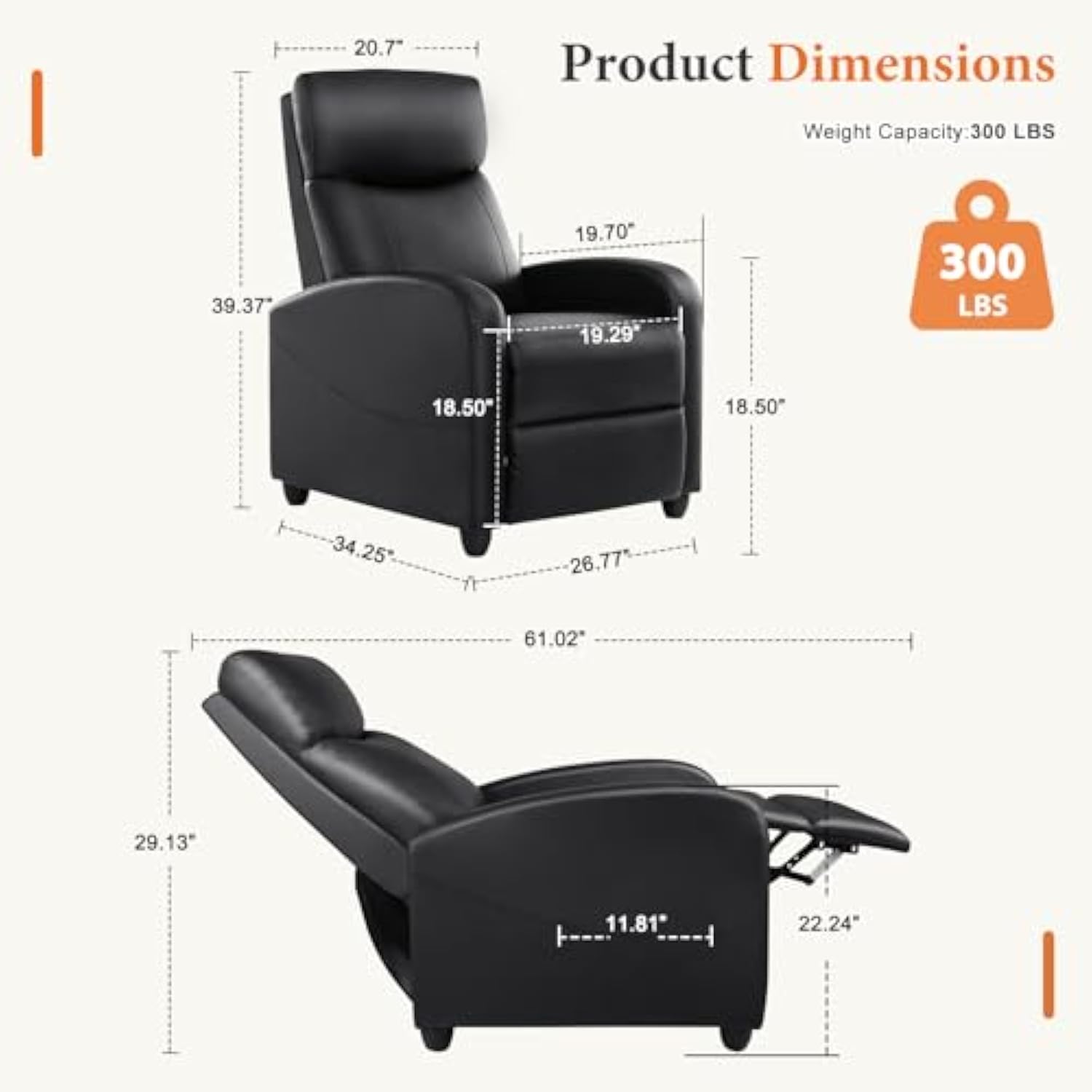 Recliner Chair PU Leather  Jet Black Recliner Sofa