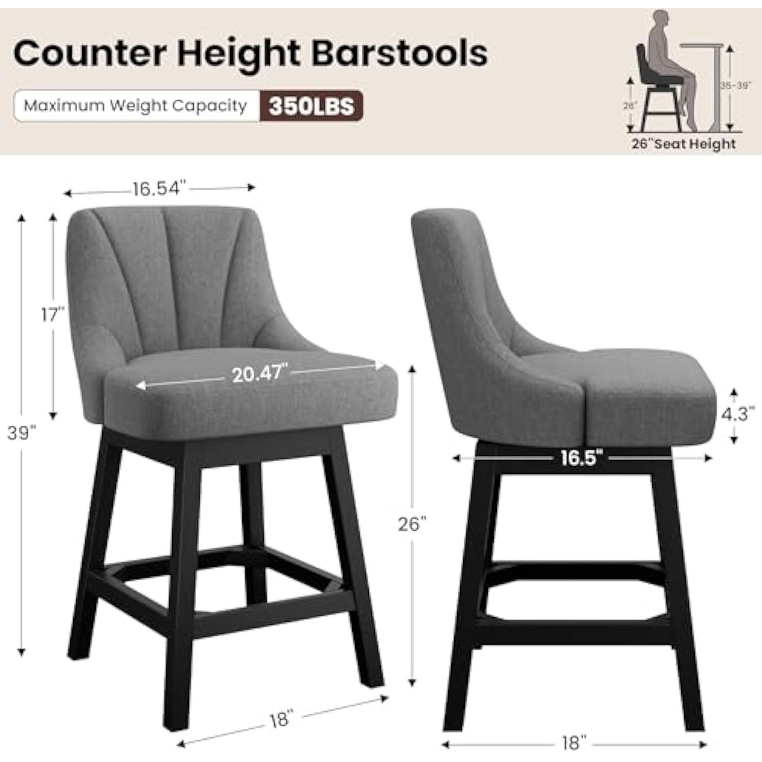 26 Inch Modern Kitchen Island Chairs with Back and Solid Wood Legs for Home Bar