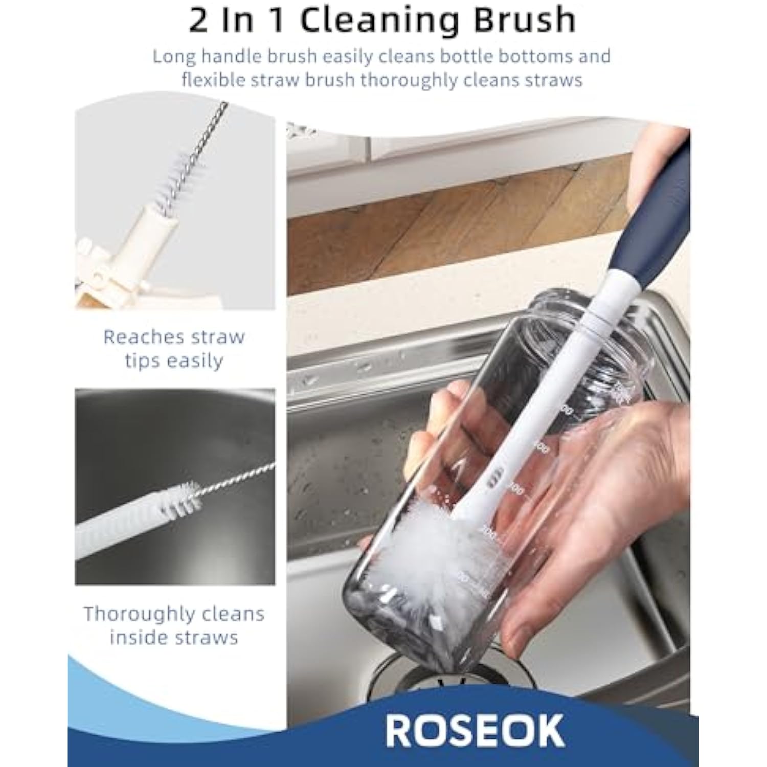 2 in 1 Long Handle Bottle Brush with Straw Brush for Cleaning Glass, Sports Bottle, Coffee Mug
