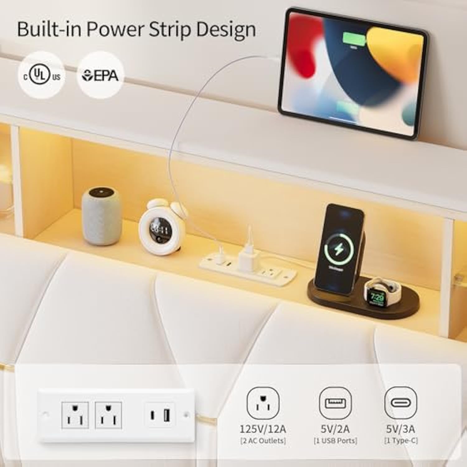 Twin Bed Creamy White LED Bed Frame with Storage Headboard