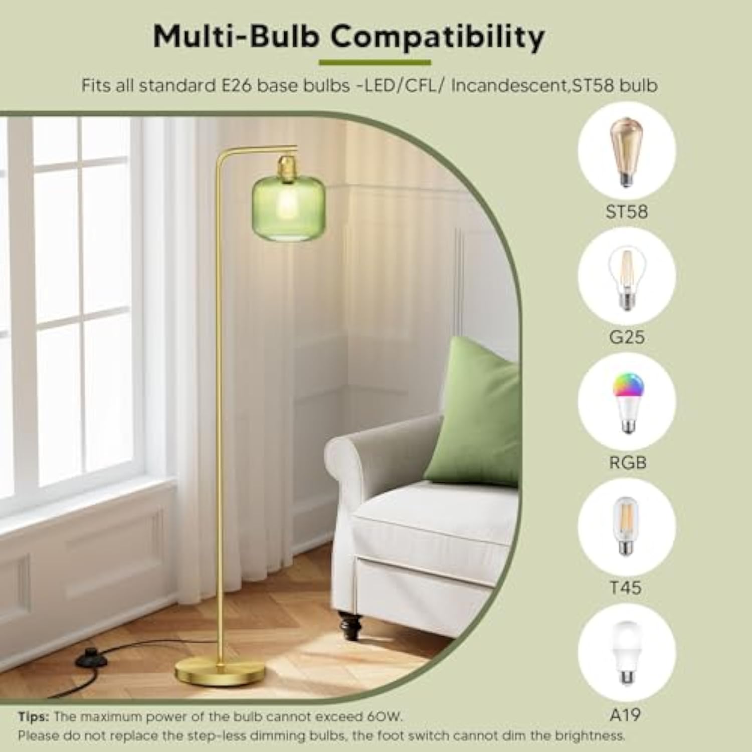 Modern Standing Lamp with Green Ribbed Glass Lampshade and Pedal Switch