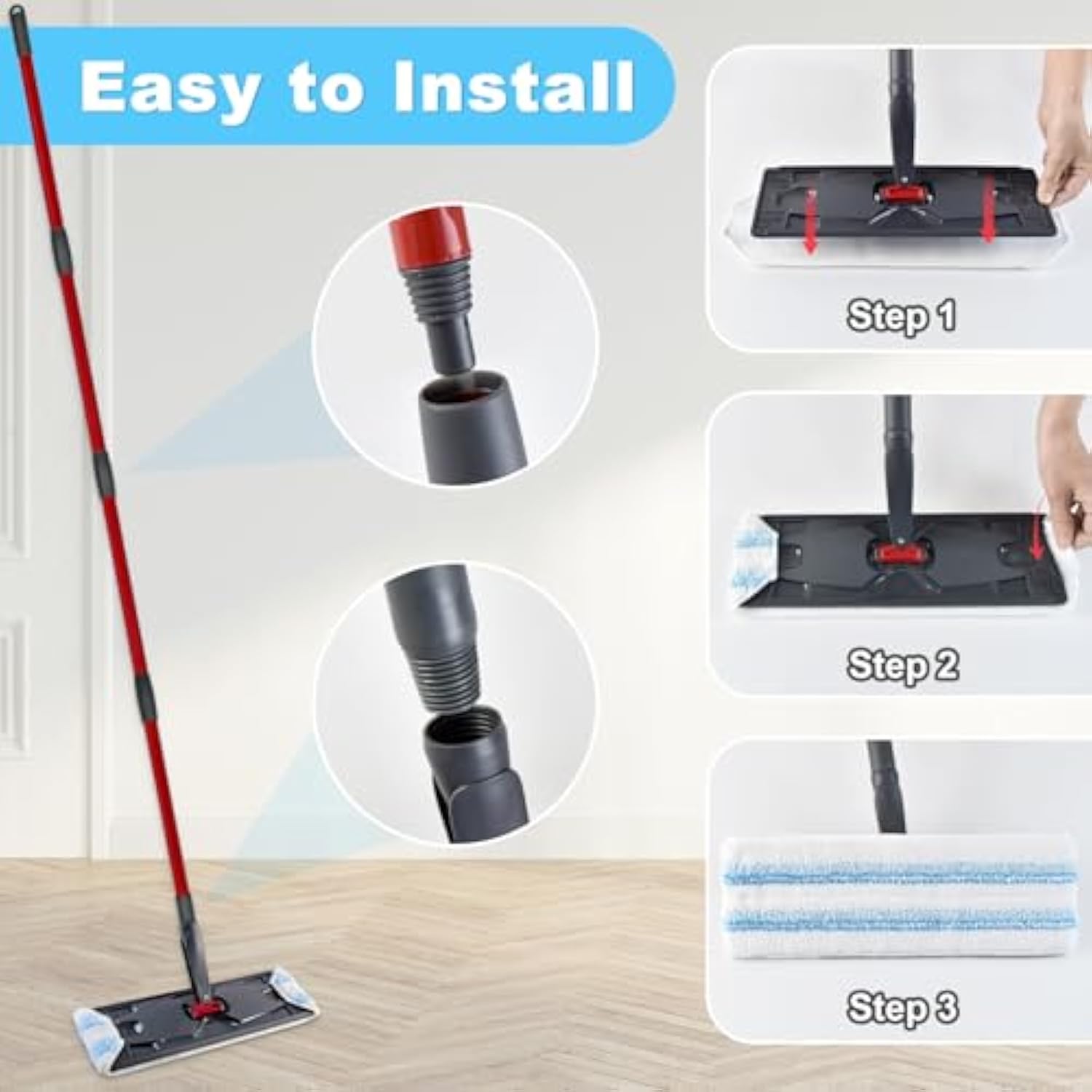 3 Pack Mop Replacement Pads & 30 Inch to 58 Inch Extendable Length Mop Handle