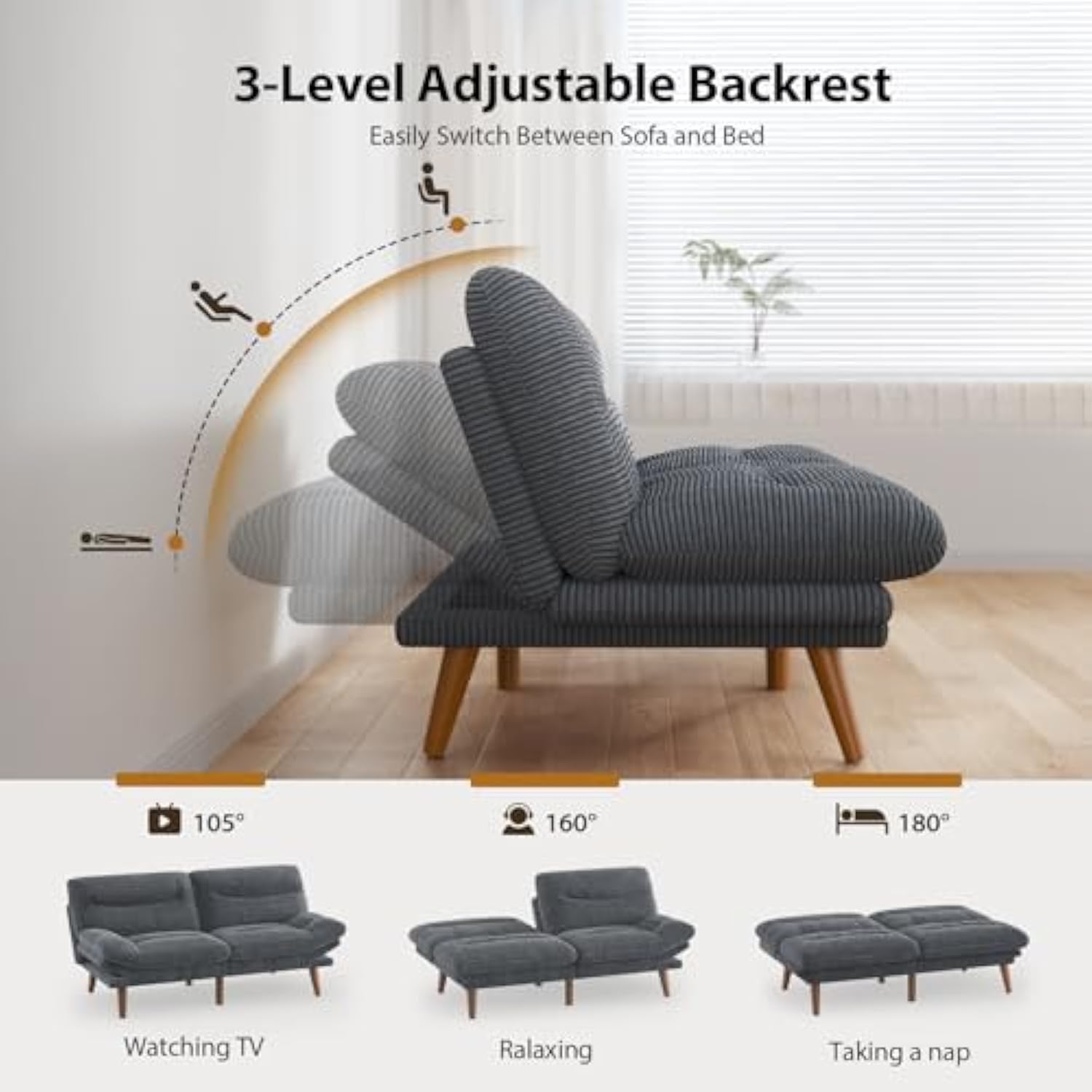 73 Inch Adjustable Backrest & Armrests Convertible Futon Grey Couch