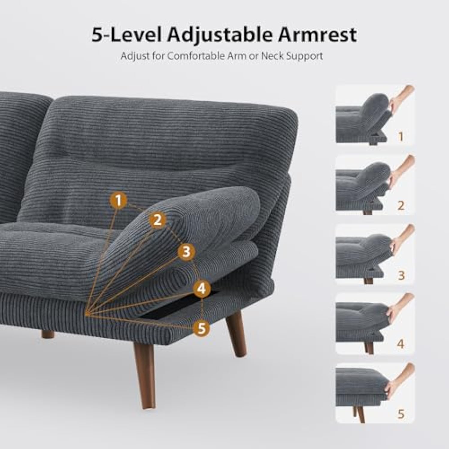 73 Inch Adjustable Backrest & Armrests Convertible Futon Grey Couch