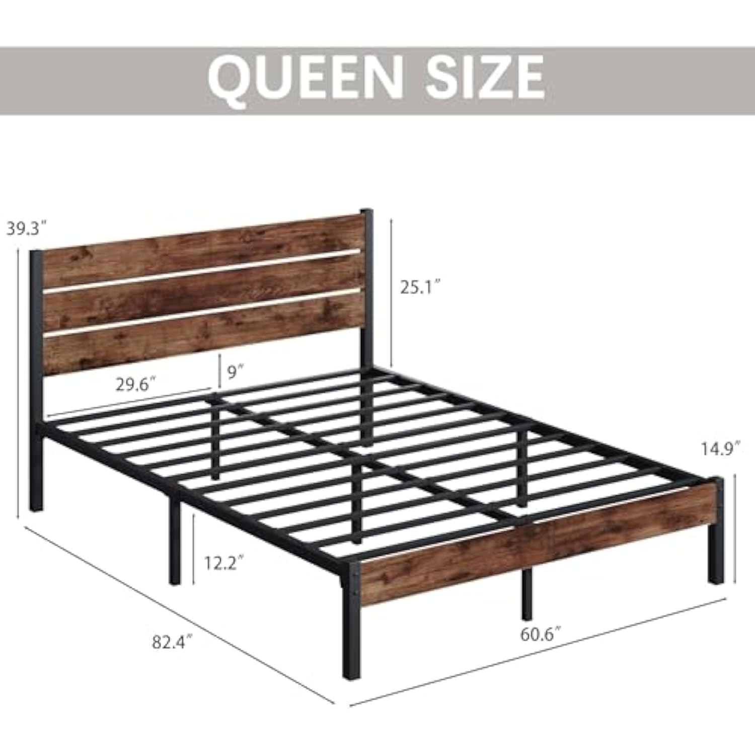 All-Metal Support System Rustic Brown Queen Bed Frame with Headboard and Footboard