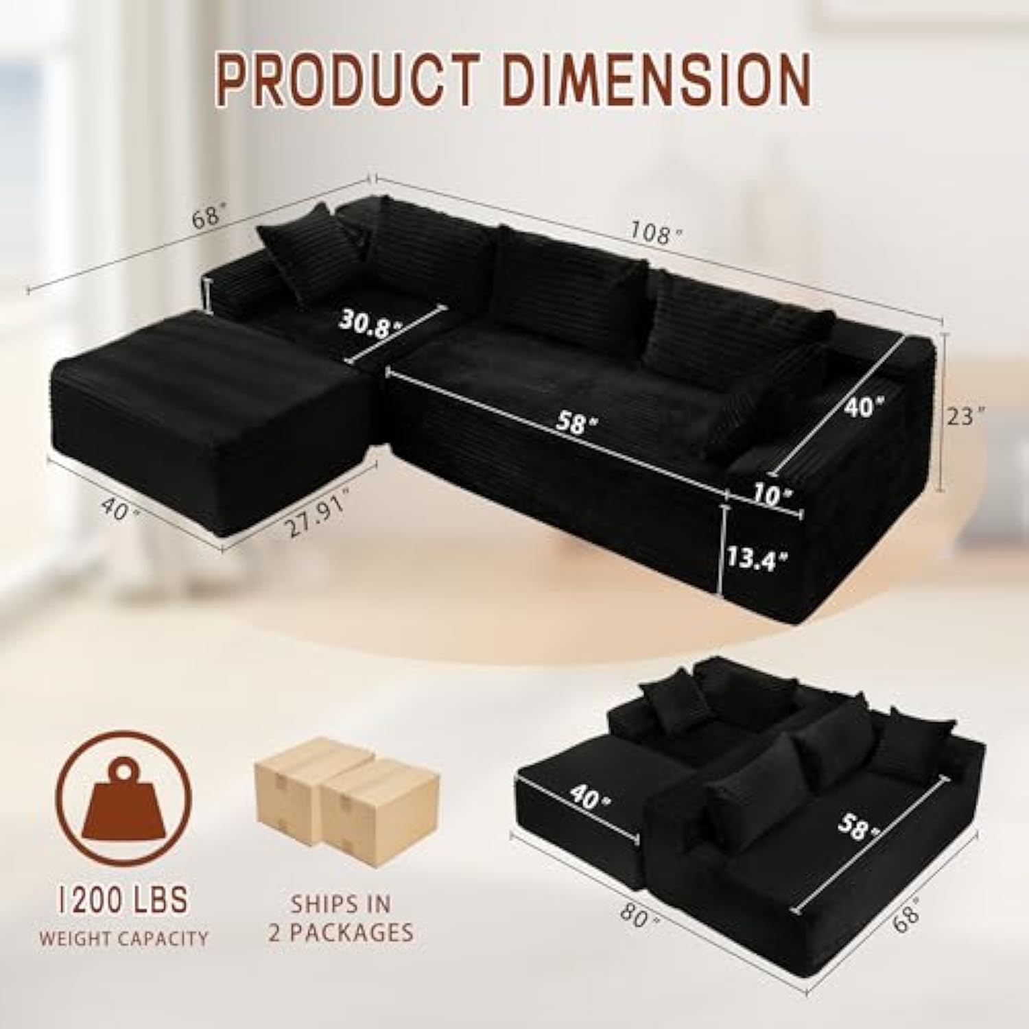 108 Inch  Modular Sectional Sofa with L-Shape Chaise for Living Room