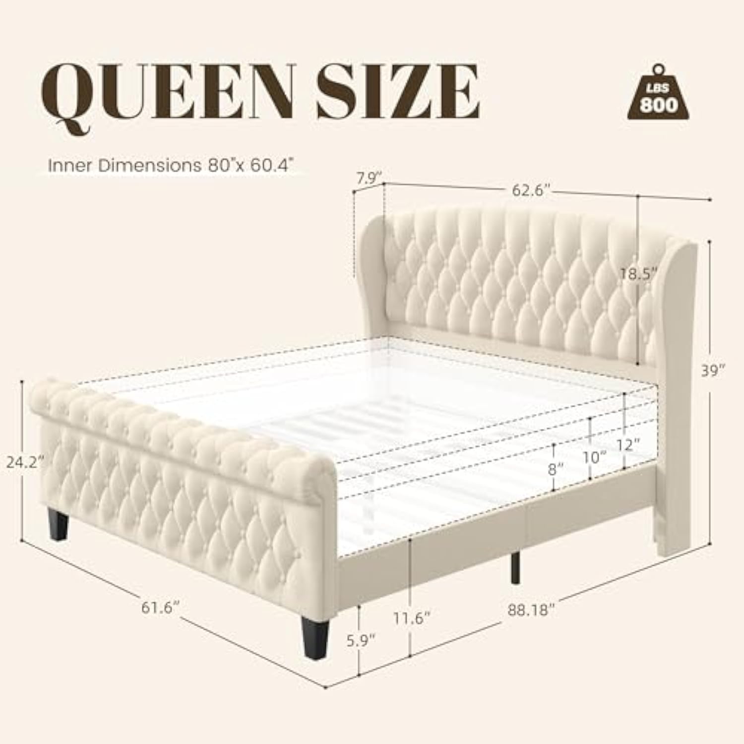 42 Inch Tall Velvet Upholstered Sleigh Bed with Wingback Headboard & Scroll Footboard