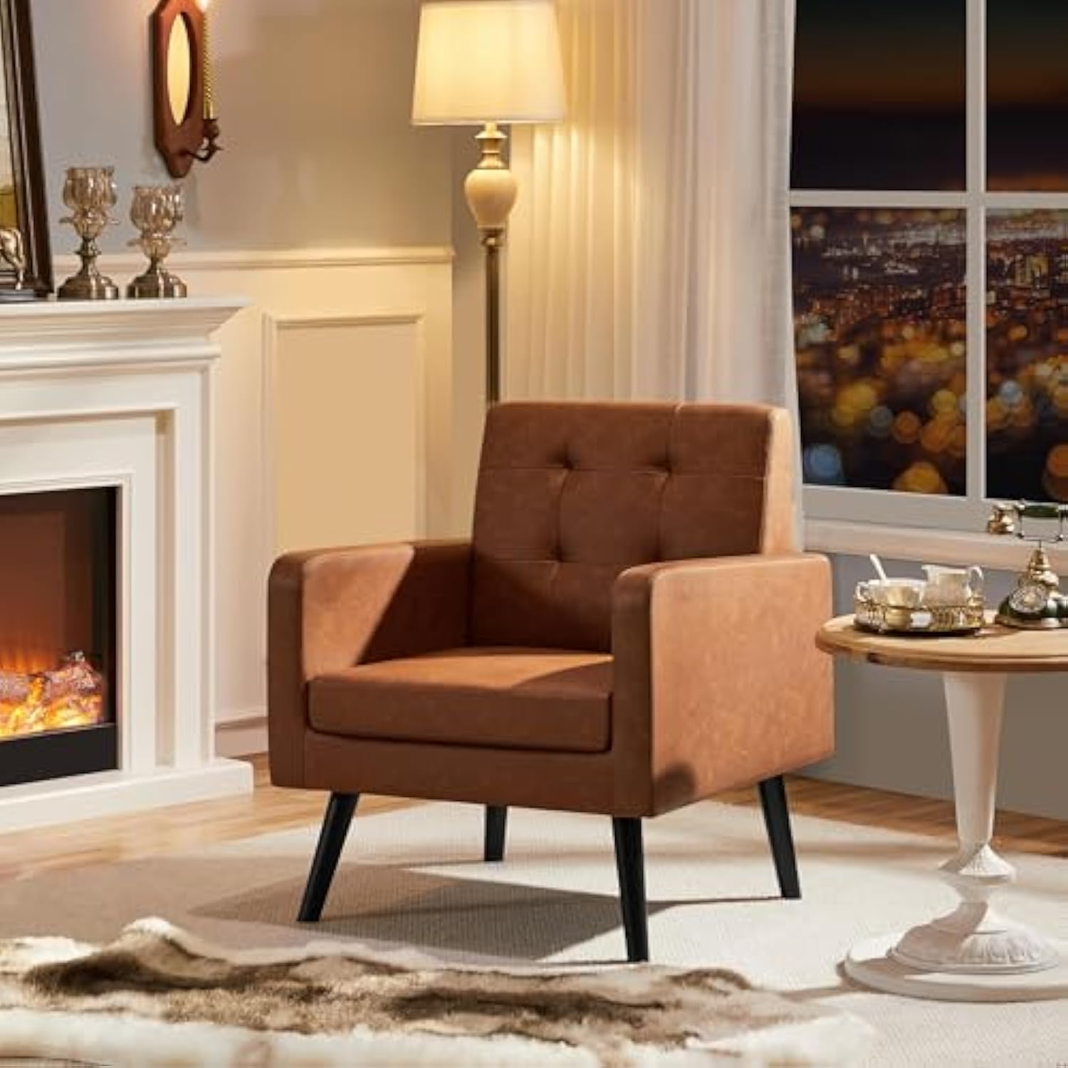2 Pcs PU Leather Mid-Century Retro Brown Accent Chairs
