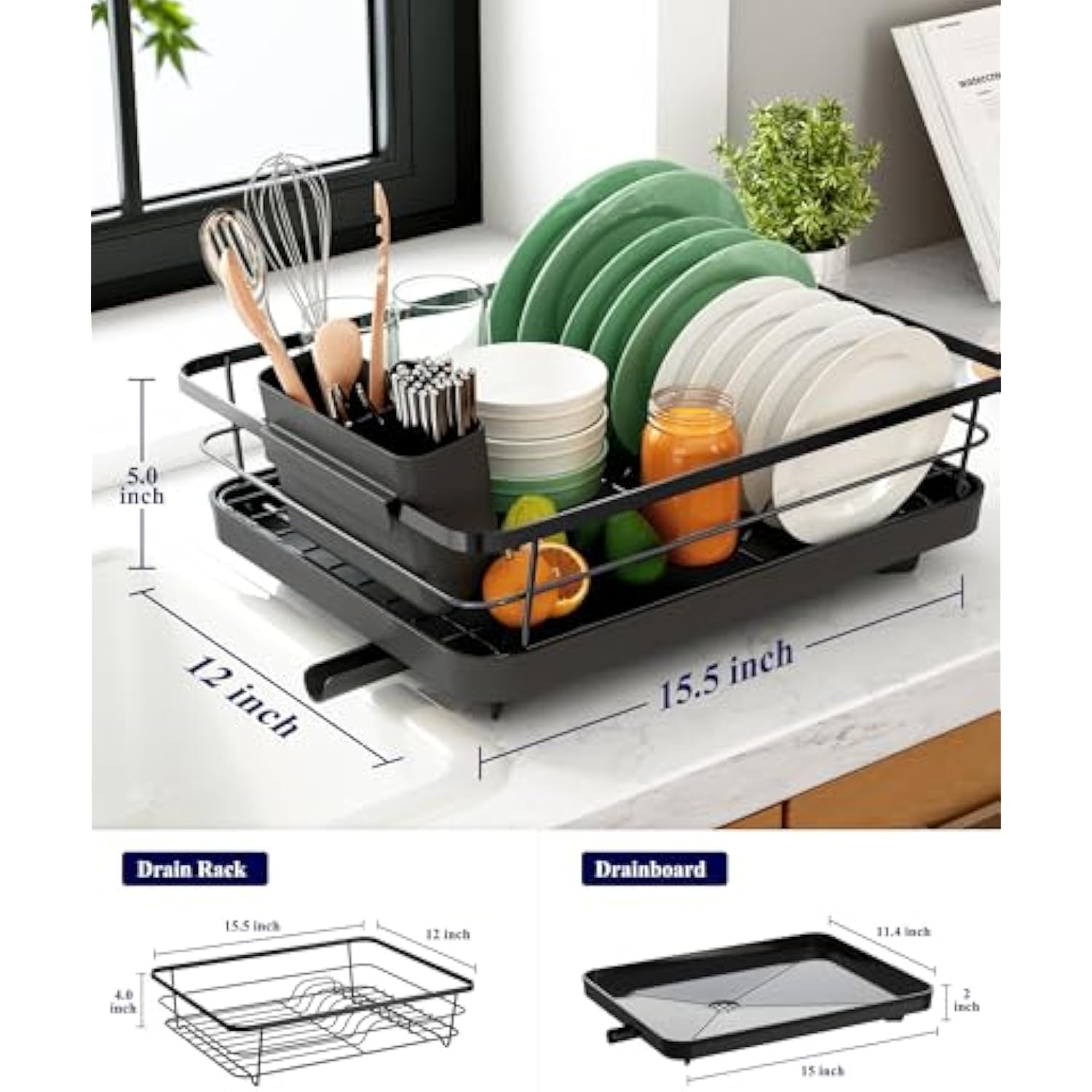 Stainless Steel Black Sink Organization and Storage Essentials with Cutlery Holder