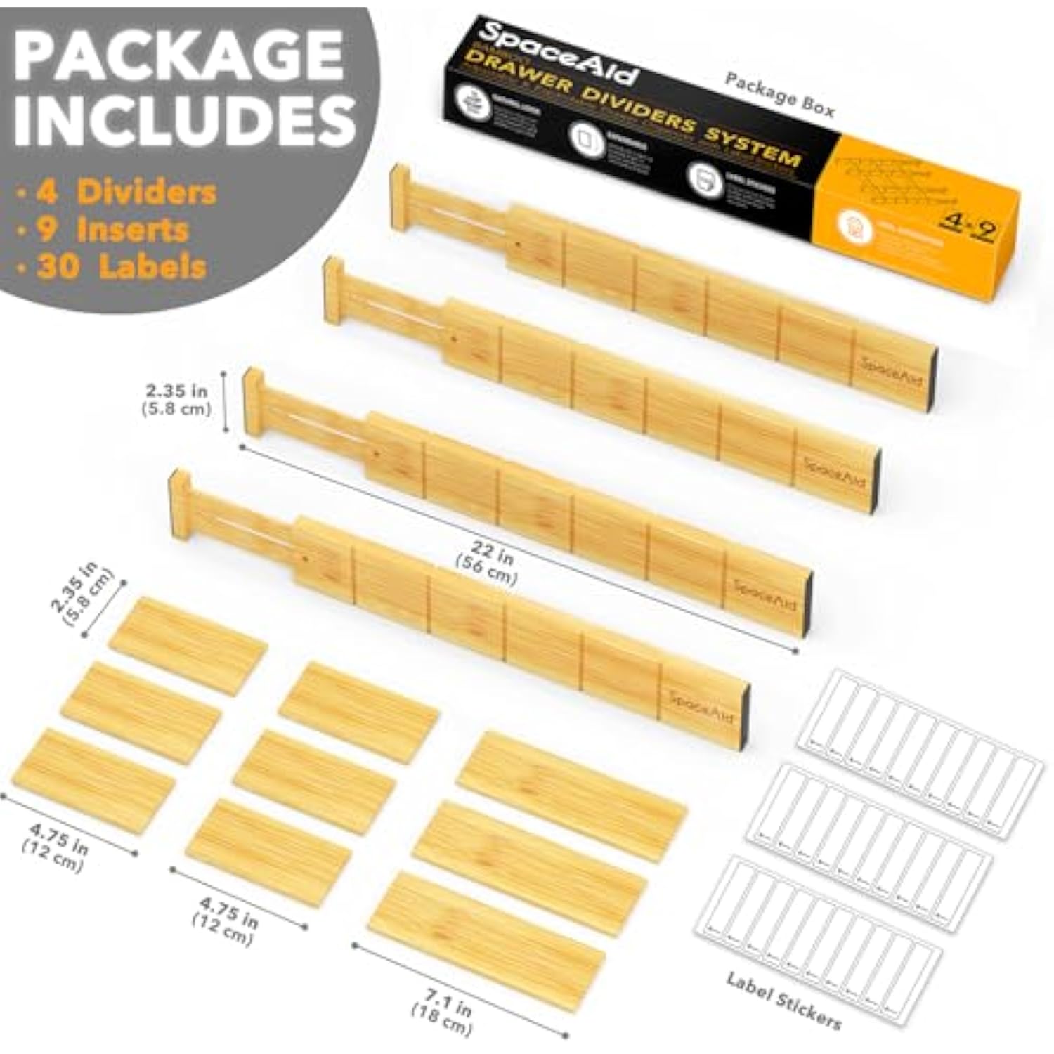 4 Dividers with 9 Inserts Bamboo Kitchen Adjustable Drawer Organizers