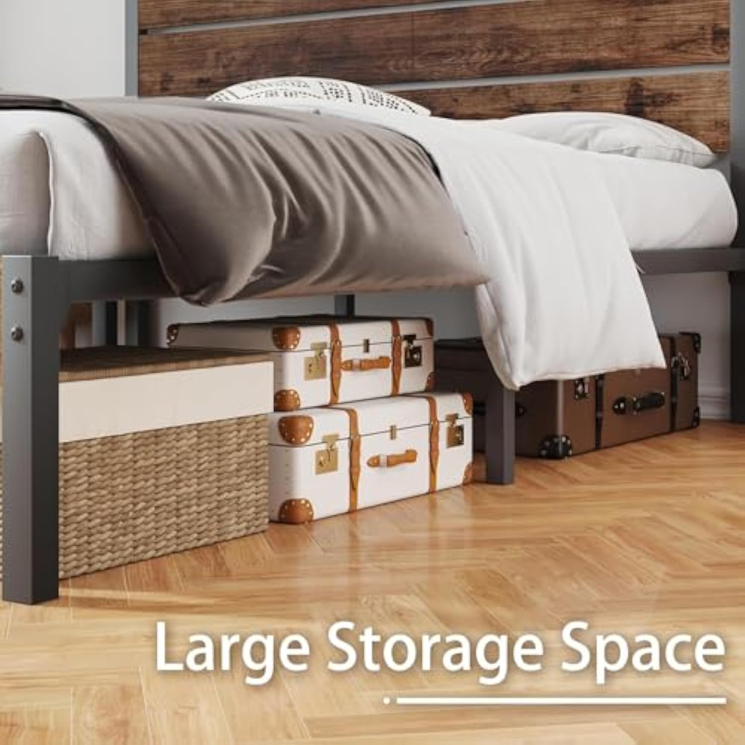 All-Metal Support System Rustic Brown Queen Bed Frame with Headboard and Footboard