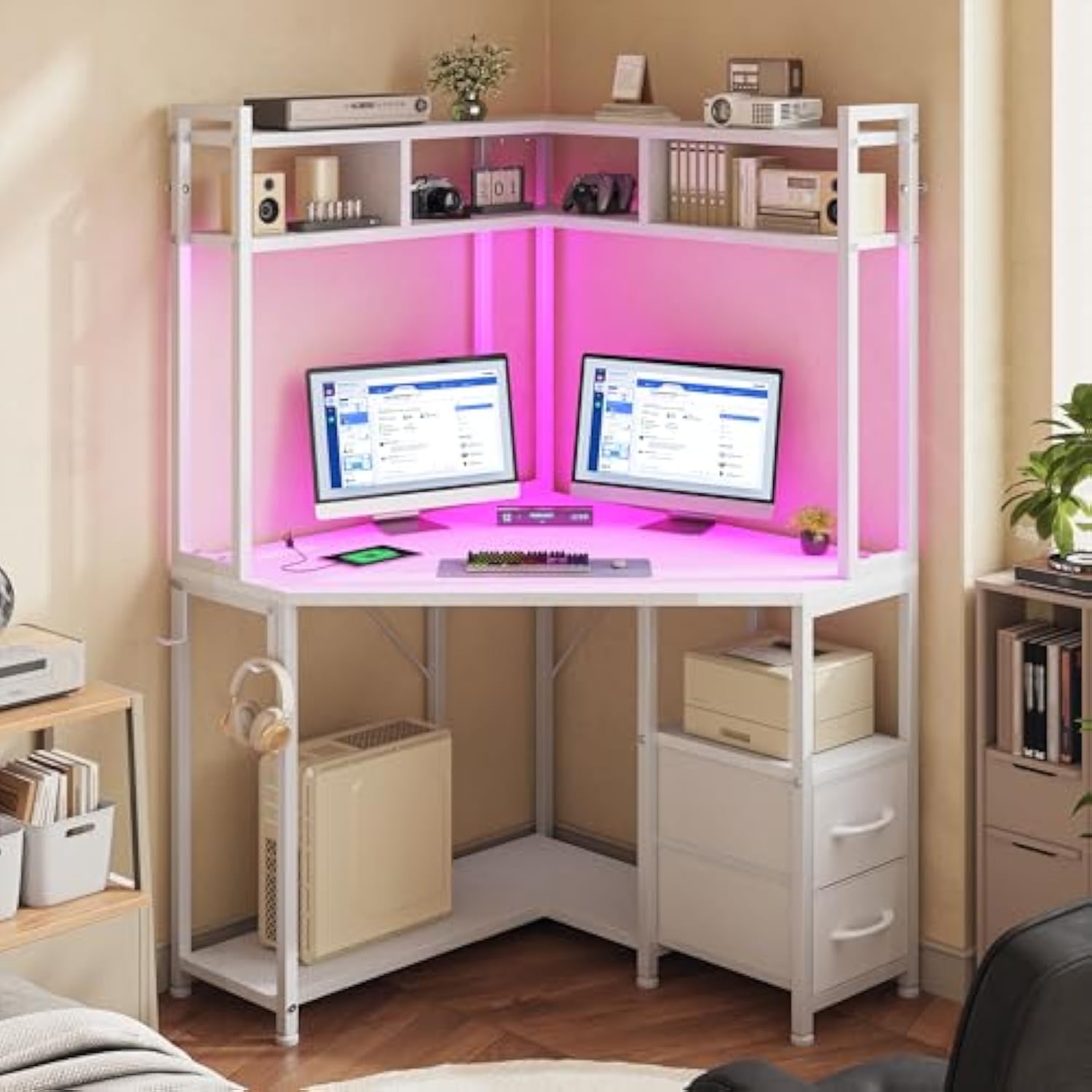 35.4 Inch W x 63 Inch H Small Computer Desk and Office Desk with Hutch & LED Lights