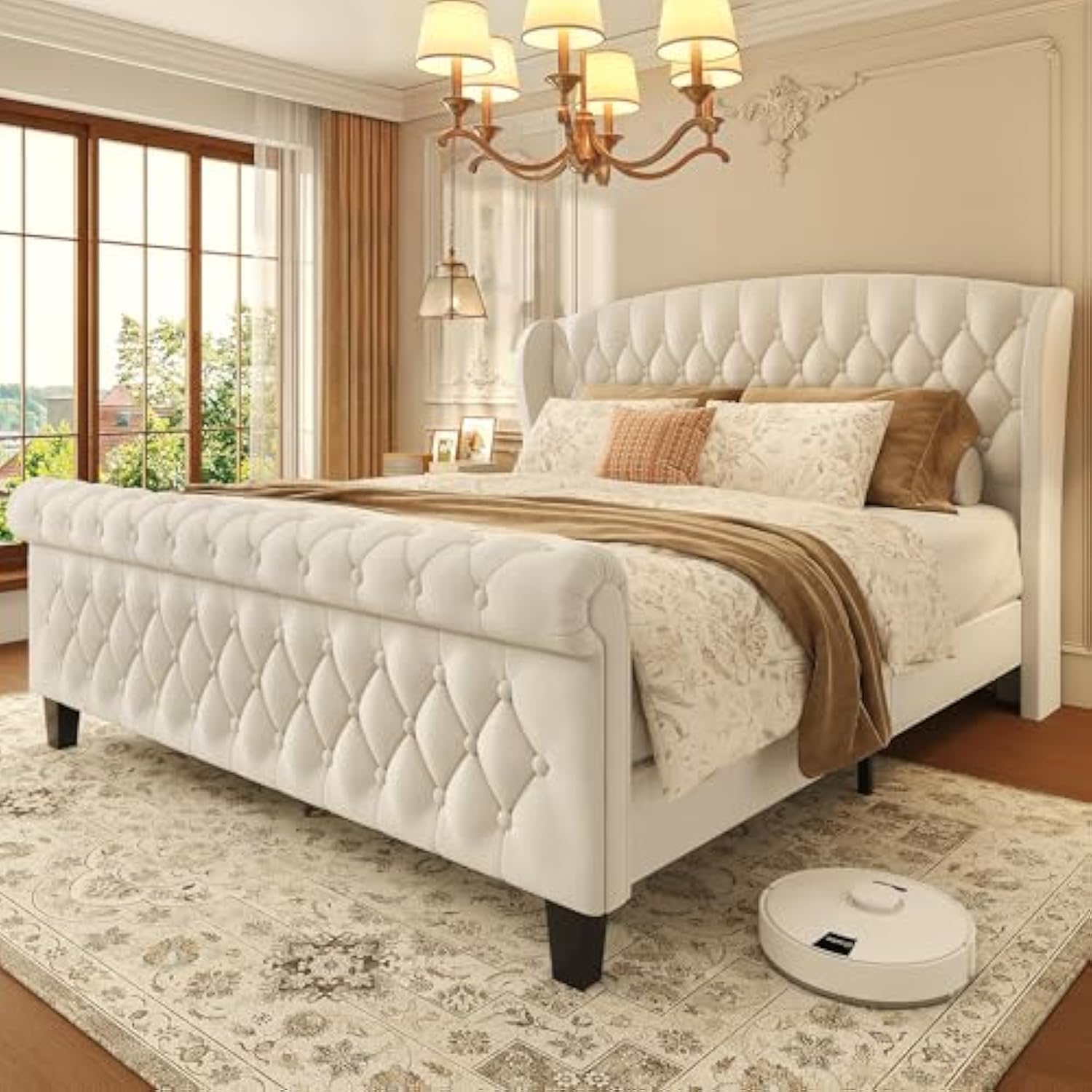 42 Inch Tall Velvet Upholstered Sleigh Bed with Wingback Headboard & Scroll Footboard