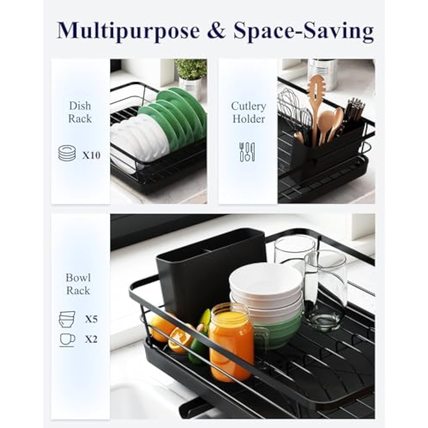 Stainless Steel Black Sink Organization and Storage Essentials with Cutlery Holder