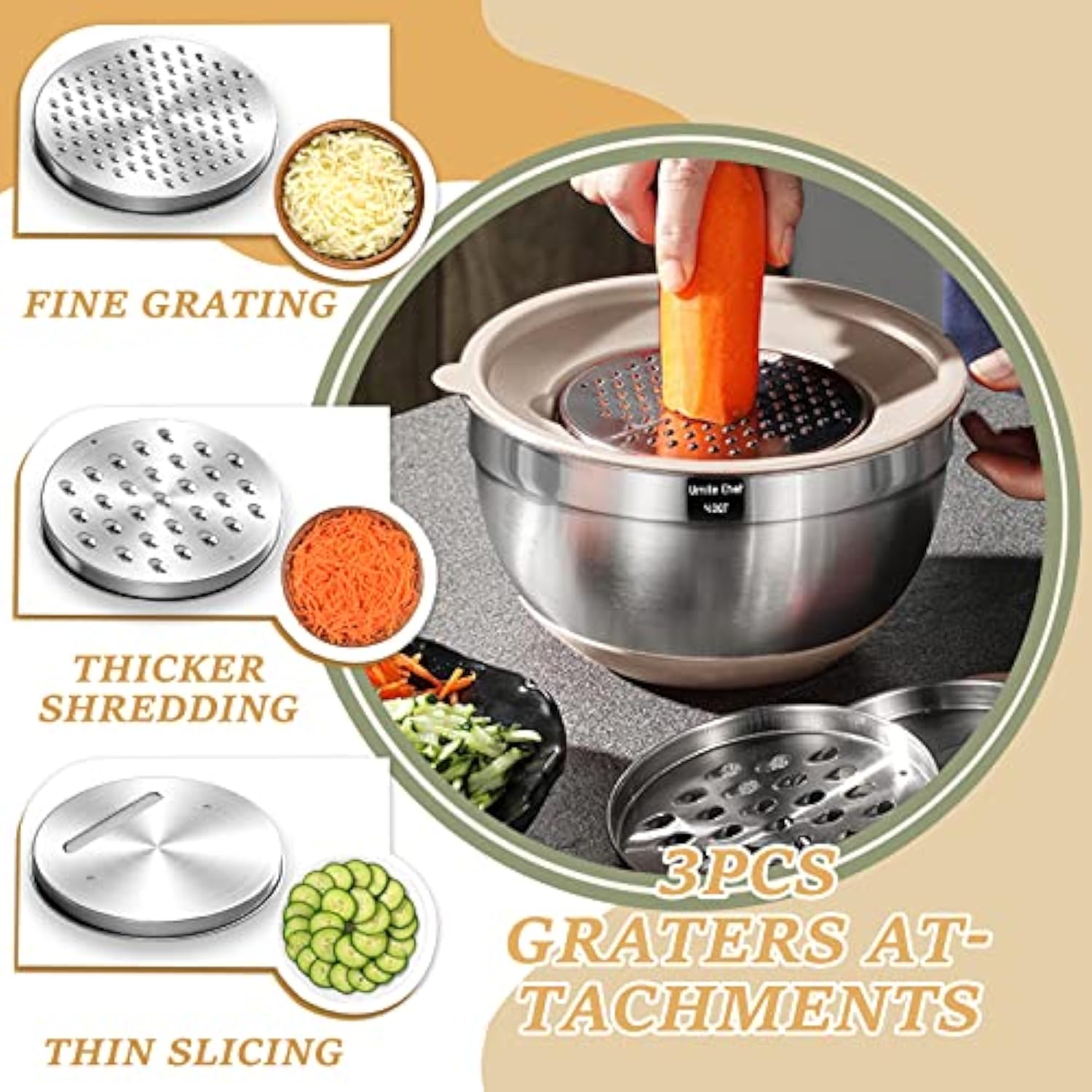 26PCS Stainless Steel Khaki Bowls with Grater Attachments